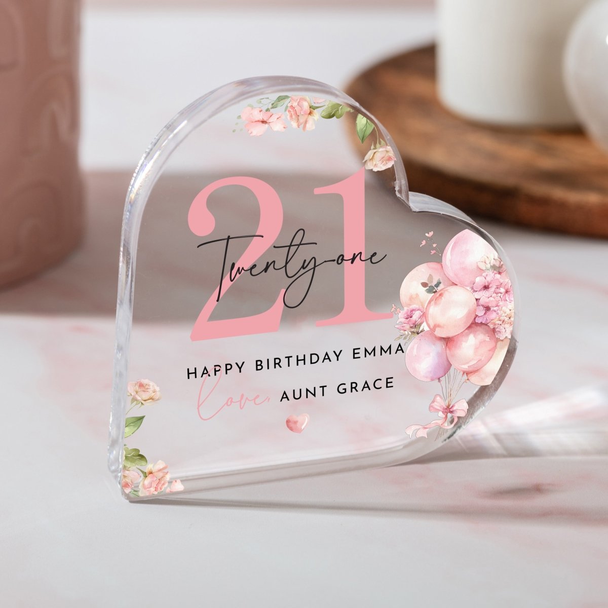Personalized 21st Floral Birthday Keepsake, Heart Acrylic Plaque Gift with Name and Message forHer