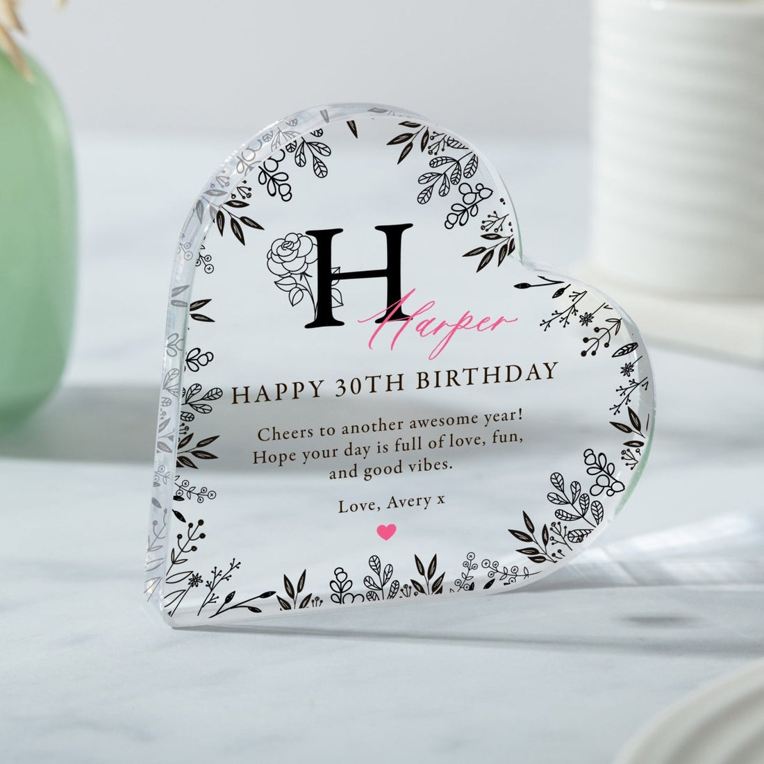 Personalized 30th Birthday Keepsake Gift, Floral Initial Heart Design with Name and Message