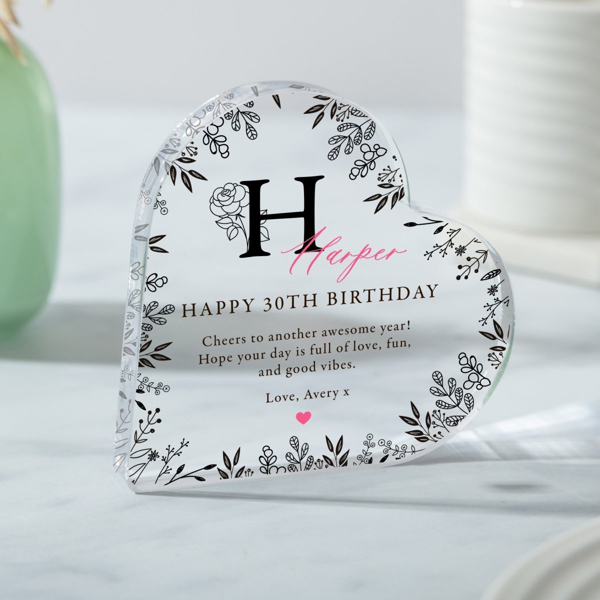 Personalized 30th Birthday Keepsake Gift, Floral Initial Heart Design with Name and Message