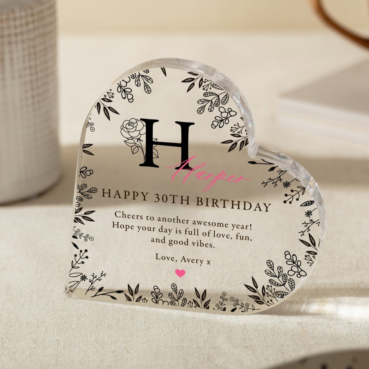 Personalized 30th Birthday Keepsake Gift, Floral Initial Heart Design with Name and Message