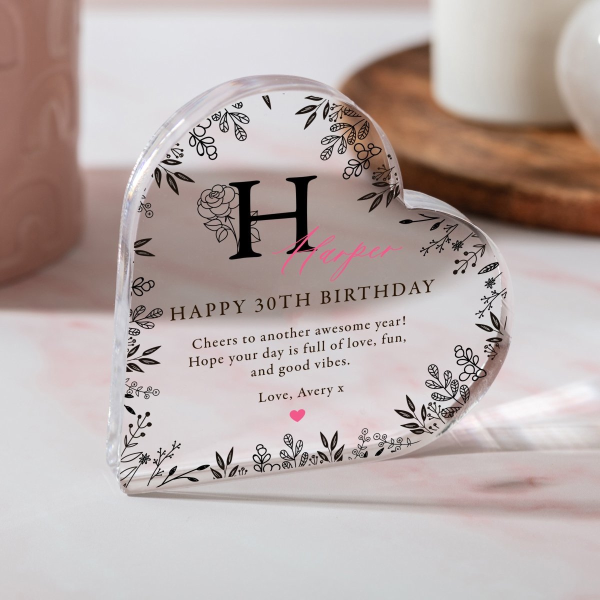 Personalized 30th Birthday Keepsake Gift, Floral Initial Heart Design with Name and Message