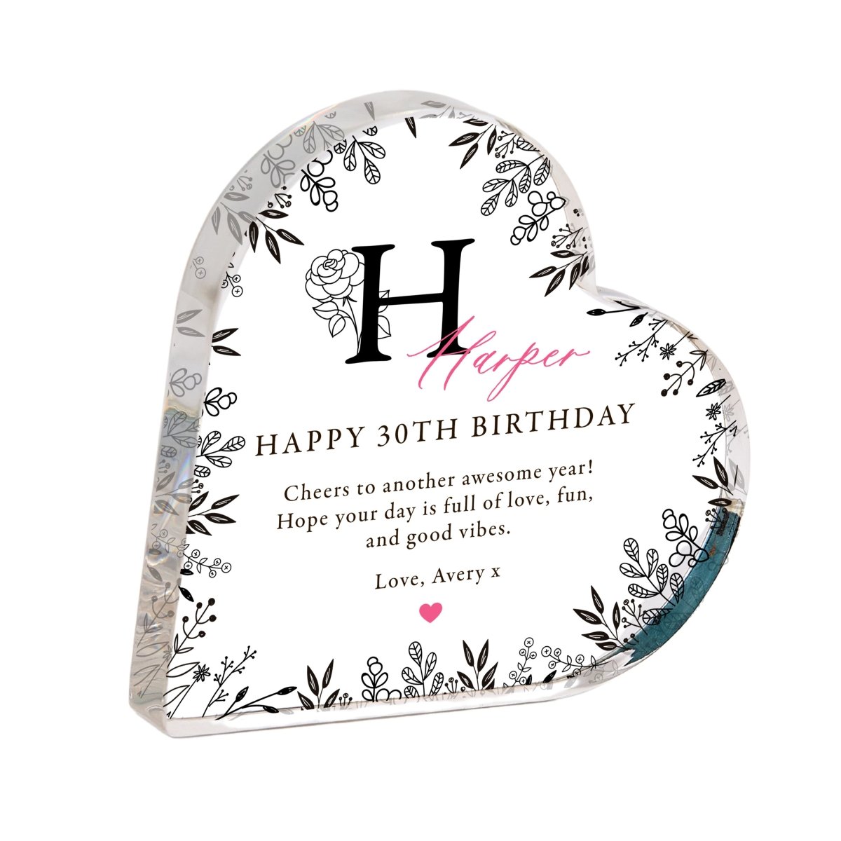 Personalized 30th Birthday Keepsake Gift, Floral Initial Heart Design with Name and Message