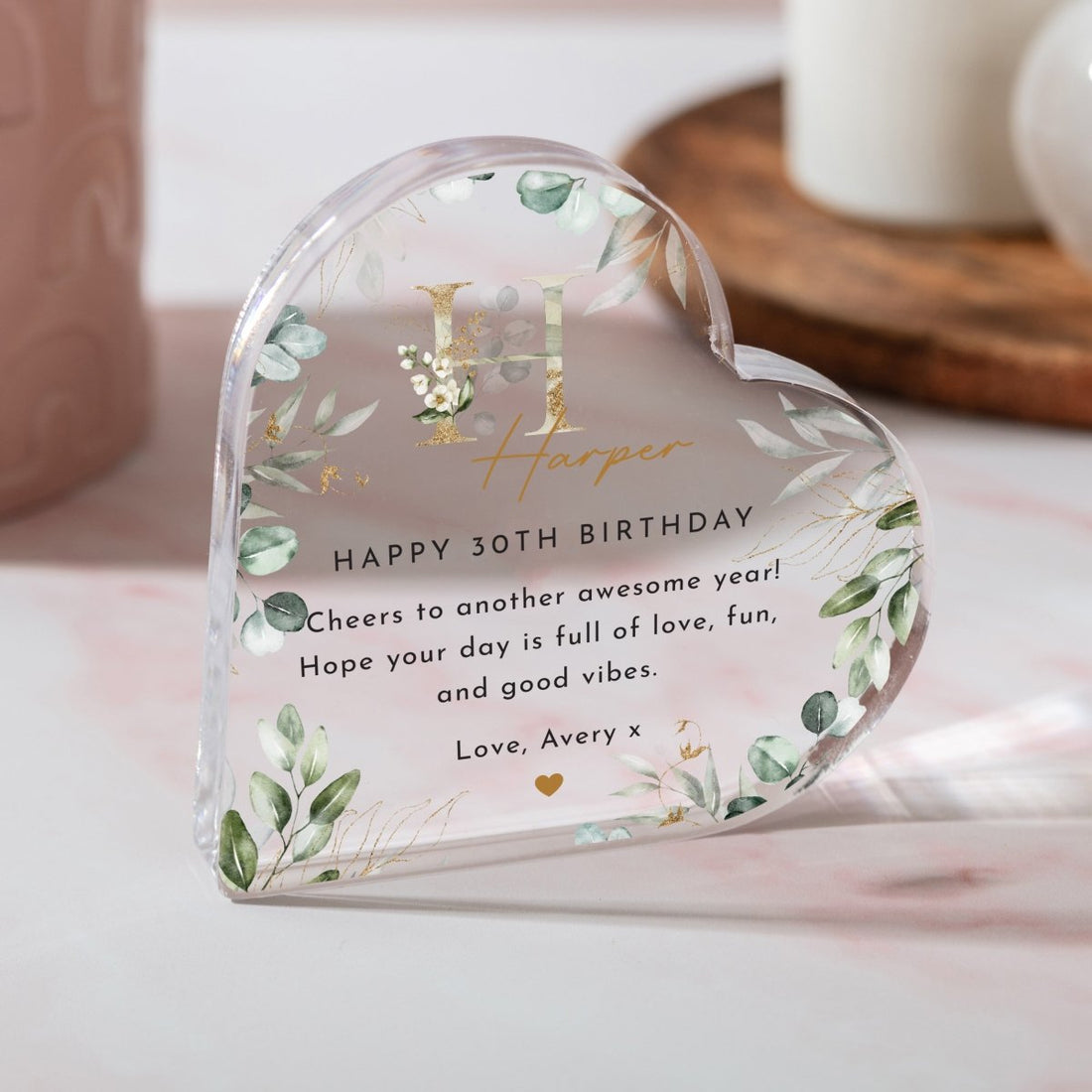 Personalized 30th Birthday Keepsake Gift, Initial Heart Design with Name and Custom Message