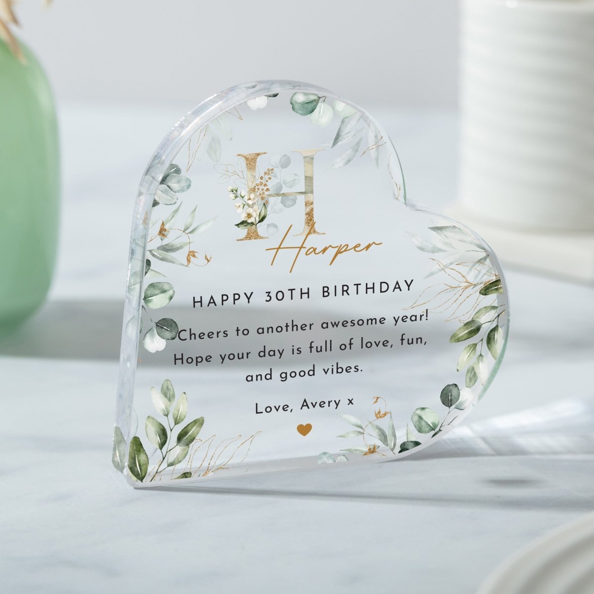 Personalized 30th Birthday Keepsake Gift, Initial Heart Design with Name and Custom Message