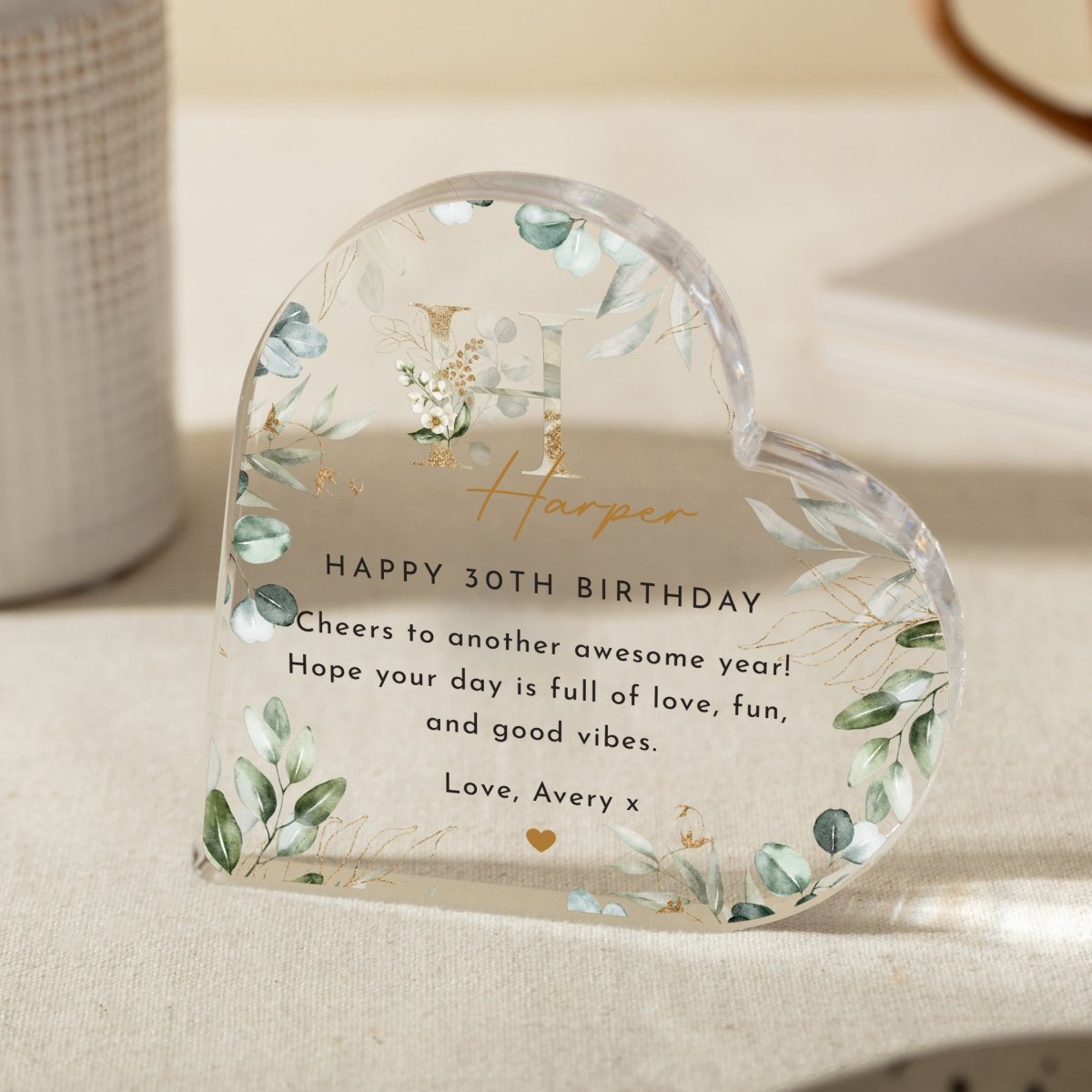 Personalized 30th Birthday Keepsake Gift, Initial Heart Design with Name and Custom Message
