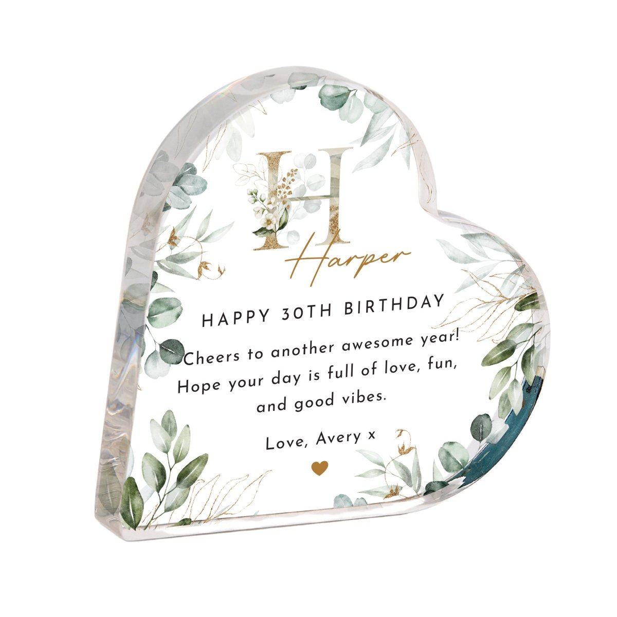 Personalized 30th Birthday Keepsake Gift, Initial Heart Design with Name and Custom Message