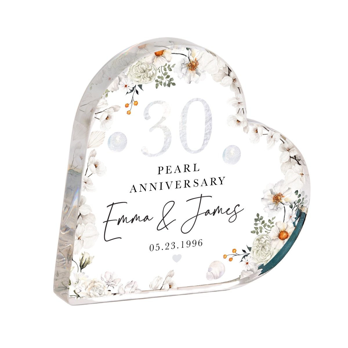 Personalized 30th Pearl Anniversary Keepsake , Custom Heart Acrylic Plaque Gift for Couple with Names and Date