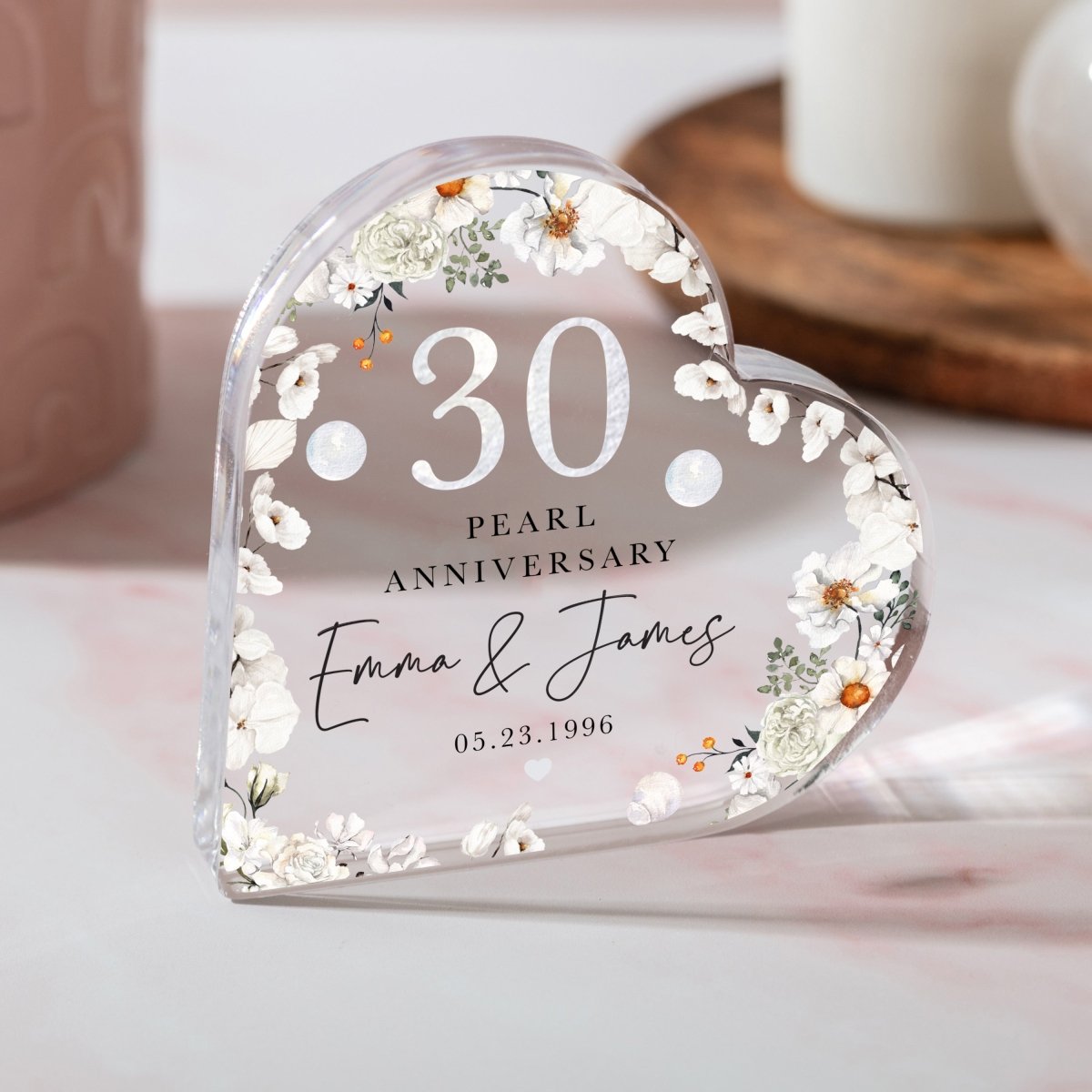 Personalized 30th Pearl Anniversary Keepsake , Custom Heart Acrylic Plaque Gift for Couple with Names and Date