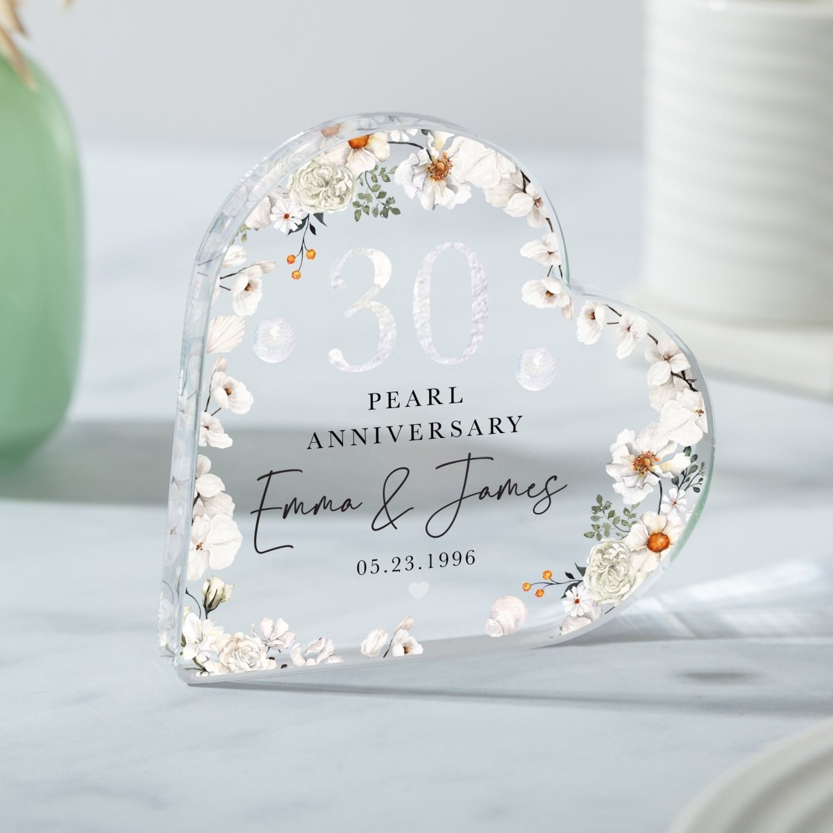 Personalized 30th Pearl Anniversary Keepsake , Custom Heart Acrylic Plaque Gift for Couple with Names and Date