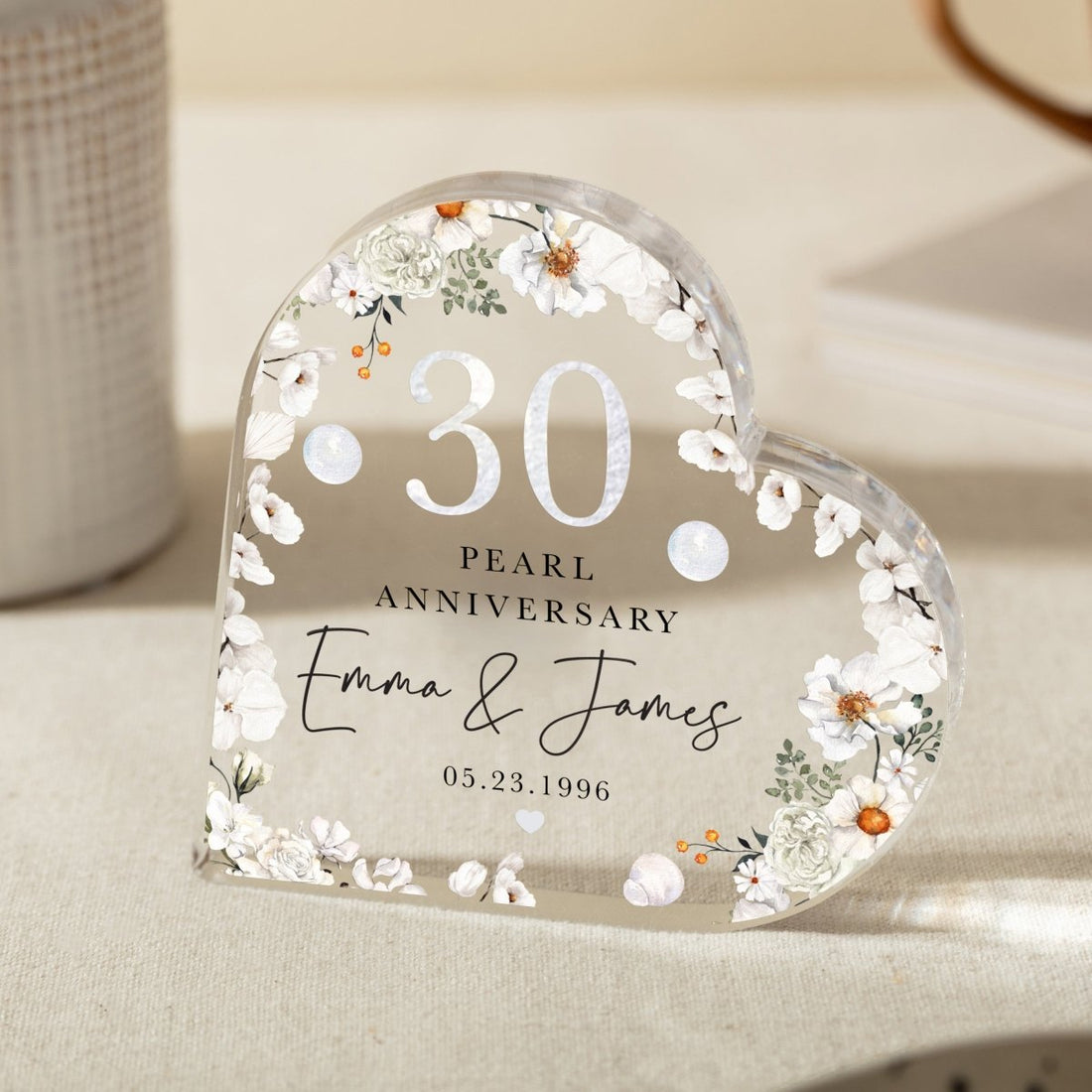 Personalized 30th Pearl Anniversary Keepsake , Custom Heart Acrylic Plaque Gift for Couple with Names and Date