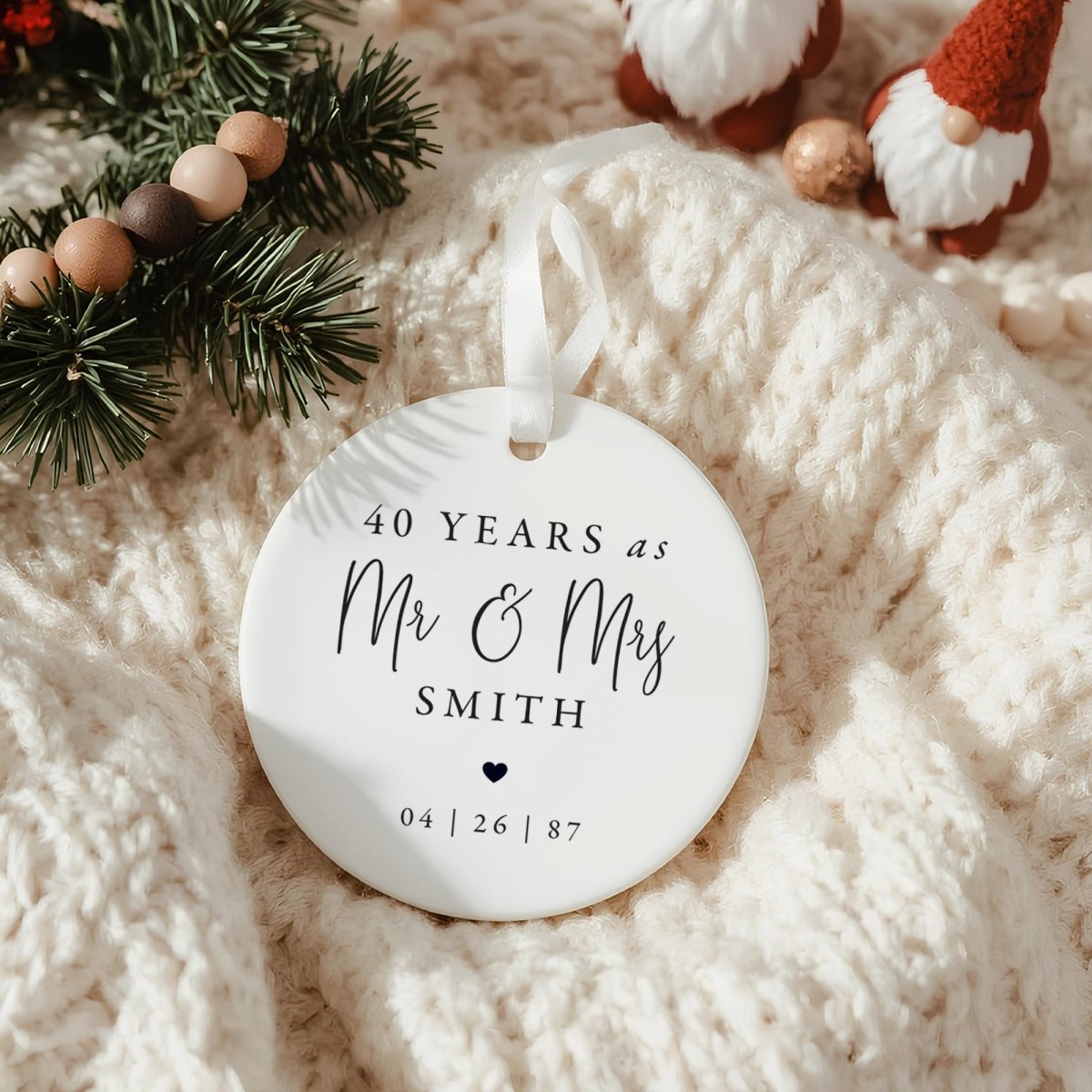 Personalized 40 Years as Mr & Mrs Candle and Ornament Set for Couples, Anniversary Gift, Ribbon Gift Box
