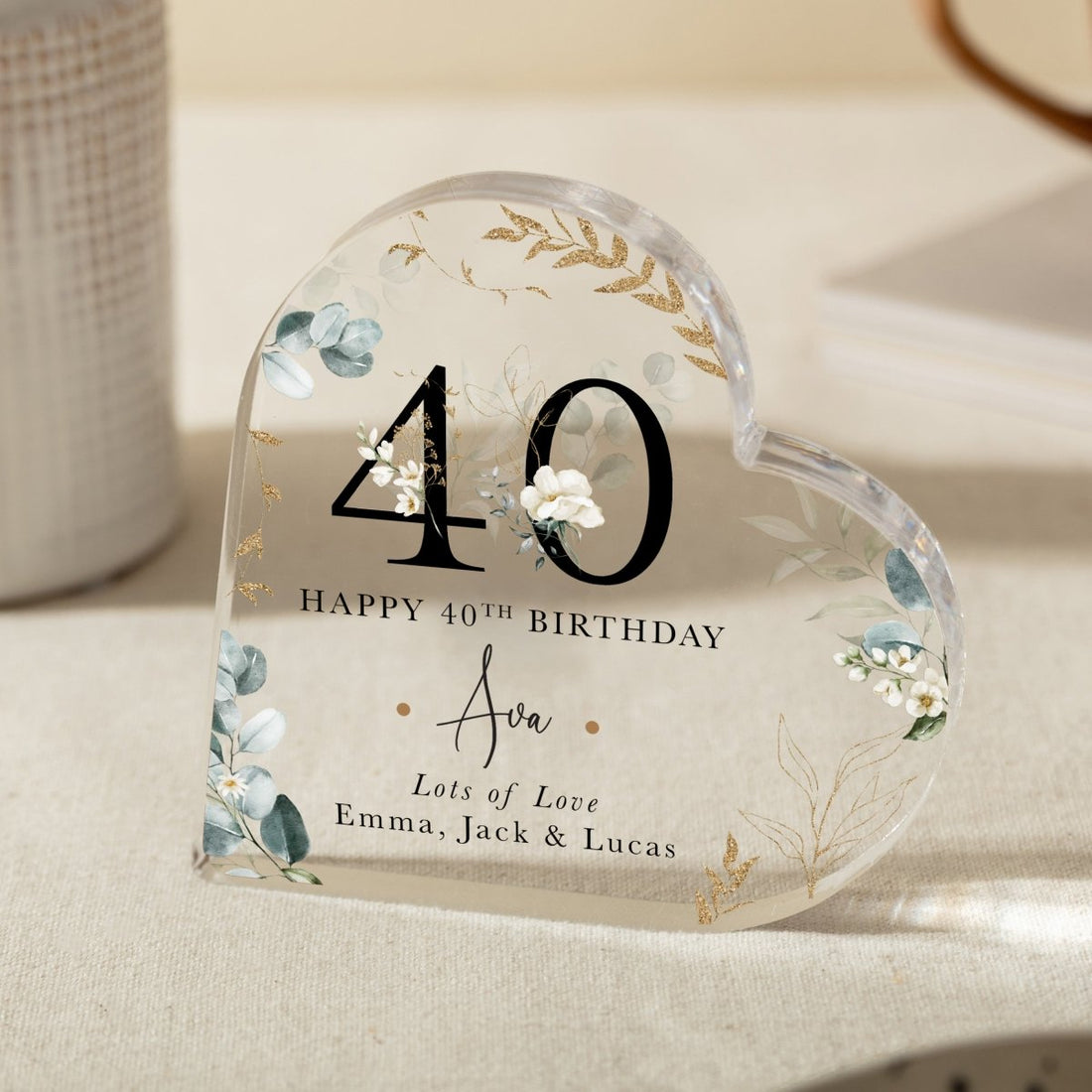 Personalized 40th Birthday Keepsake for Him or Her , Custom Heart Acrylic Plaque Gift with Name and Message