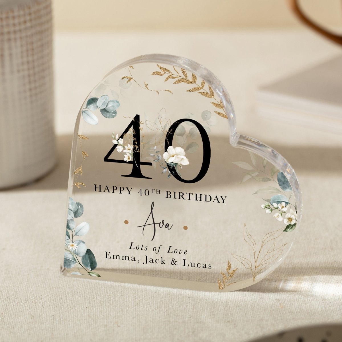 Personalized 40th Birthday Keepsake for Him or Her , Custom Heart Acrylic Plaque Gift with Name and Message