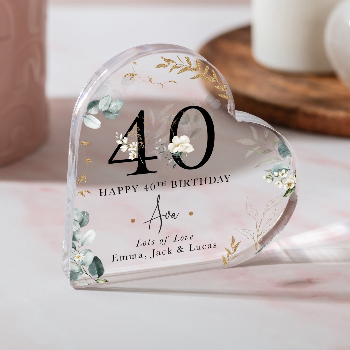 Personalized 40th Birthday Keepsake for Him or Her , Custom Heart Acrylic Plaque Gift with Name and Message