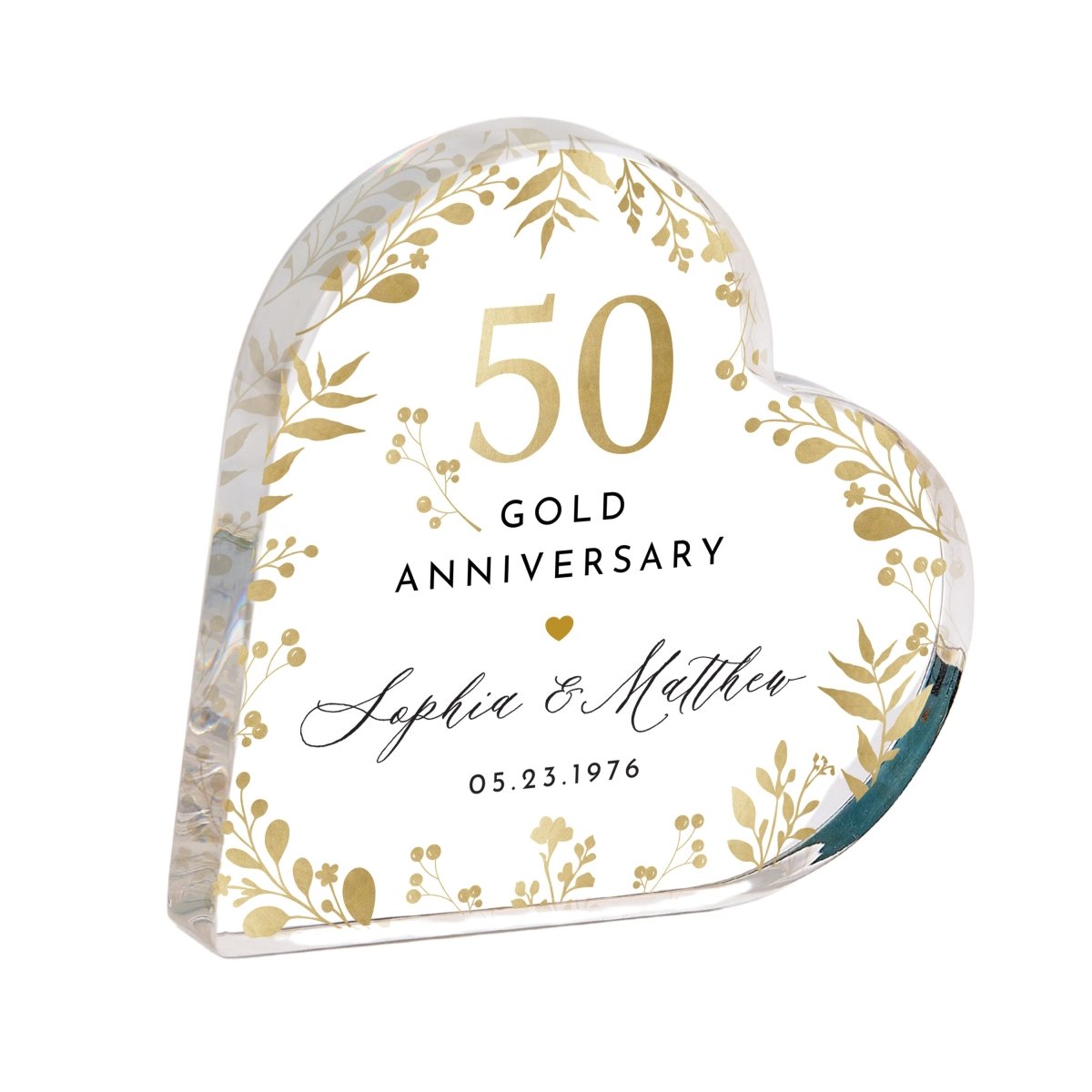 Personalized 50th Gold Anniversary Keepsake, Custom Heart Acrylic Plaque Gift for Couple with Names and Date