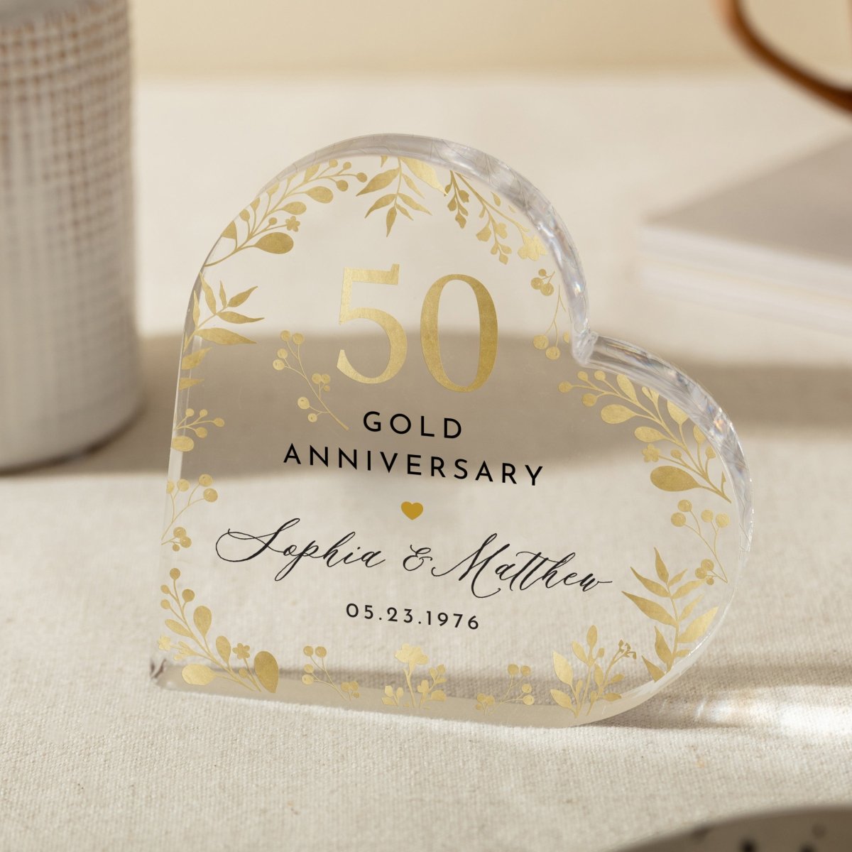 Personalized 50th Gold Anniversary Keepsake, Custom Heart Acrylic Plaque Gift for Couple with Names and Date