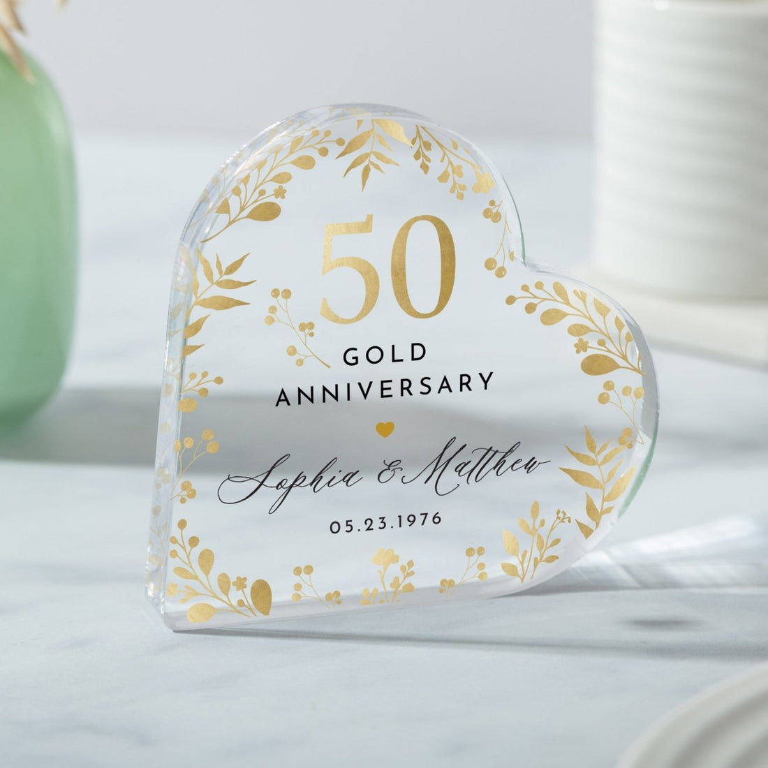 Personalized 50th Gold Anniversary Keepsake, Custom Heart Acrylic Plaque Gift for Couple with Names and Date