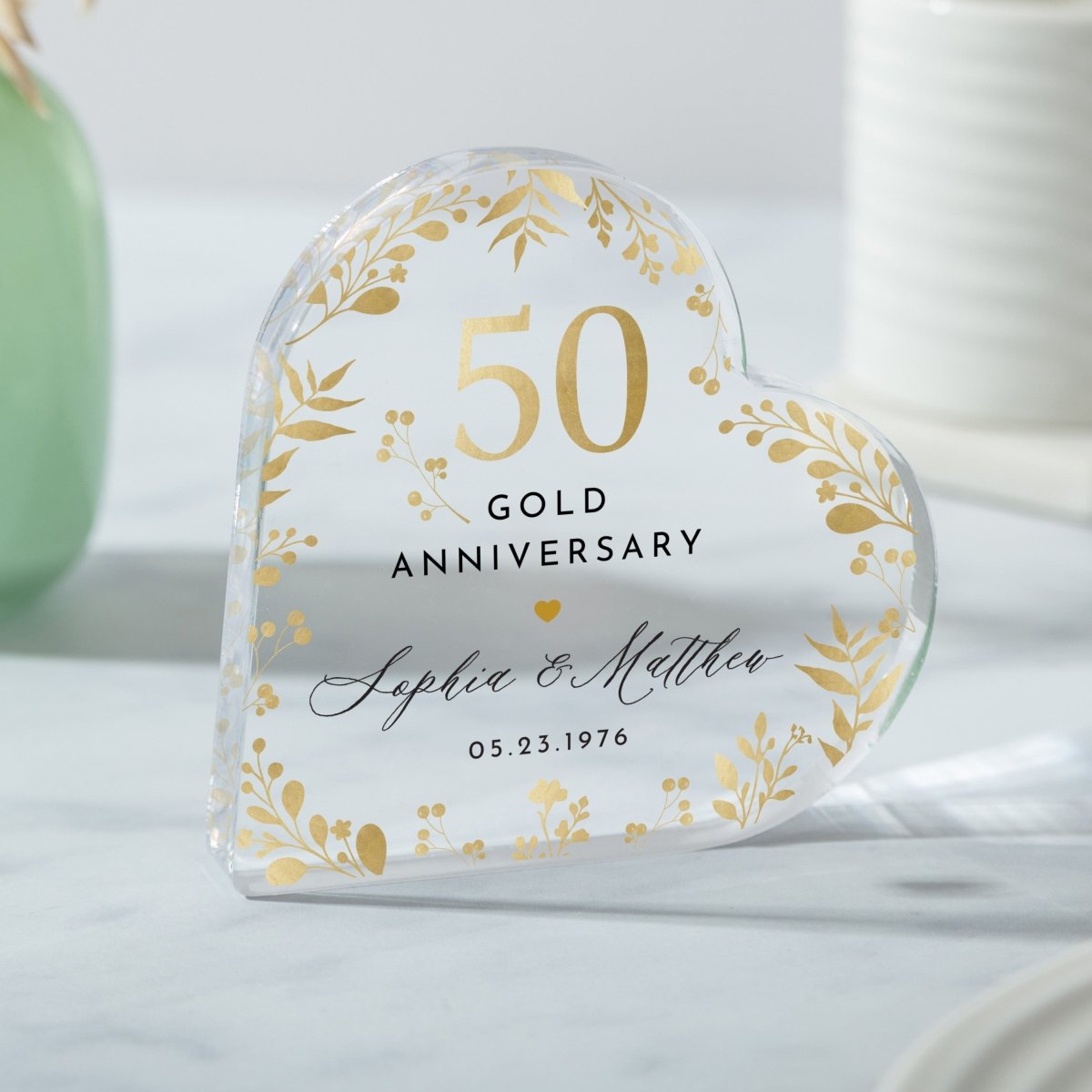 Personalized 50th Gold Anniversary Keepsake, Custom Heart Acrylic Plaque Gift for Couple with Names and Date