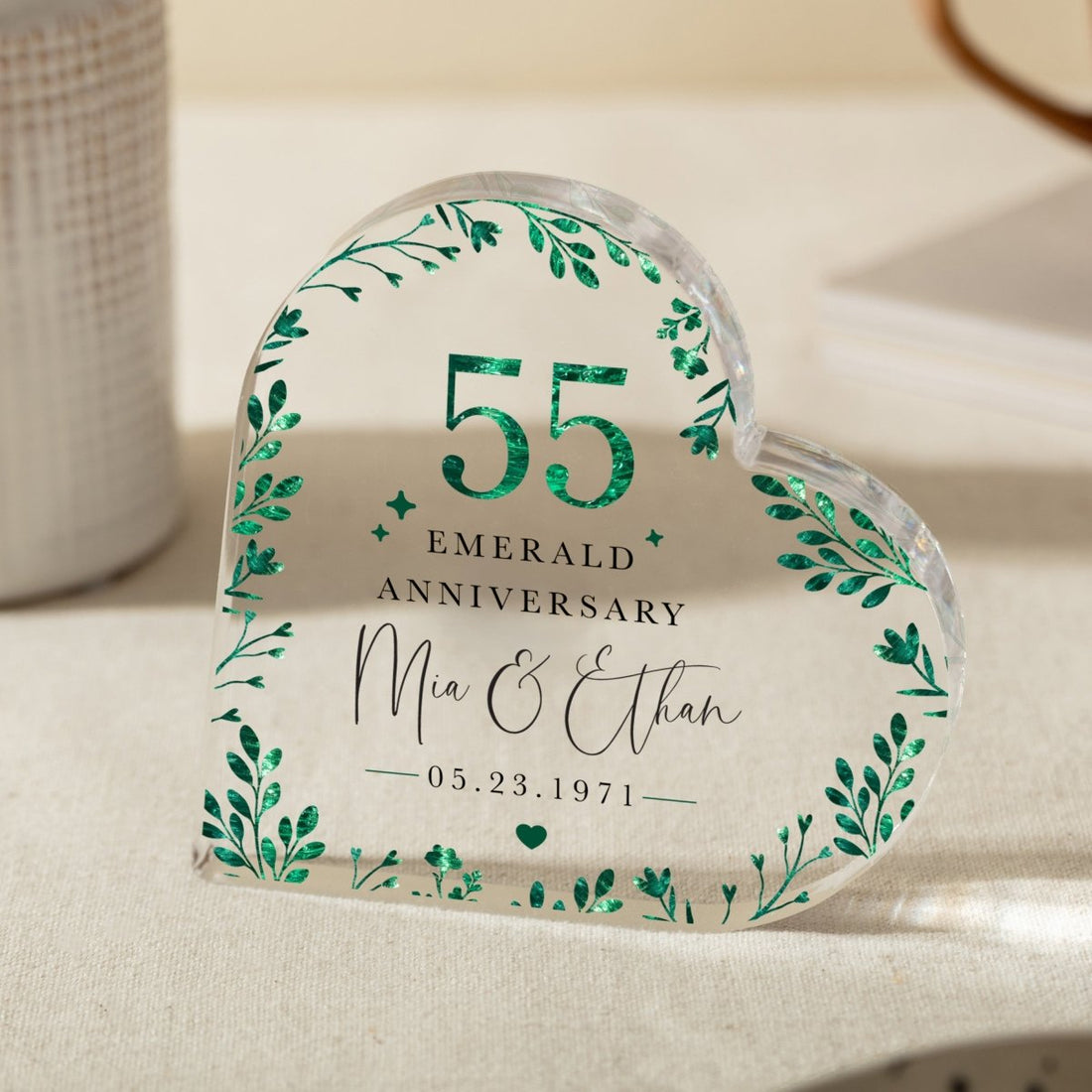 Personalized 55th Emerald Anniversary Keepsake, Custom Heart Acrylic Plaque Gift for Couple with Names and Date