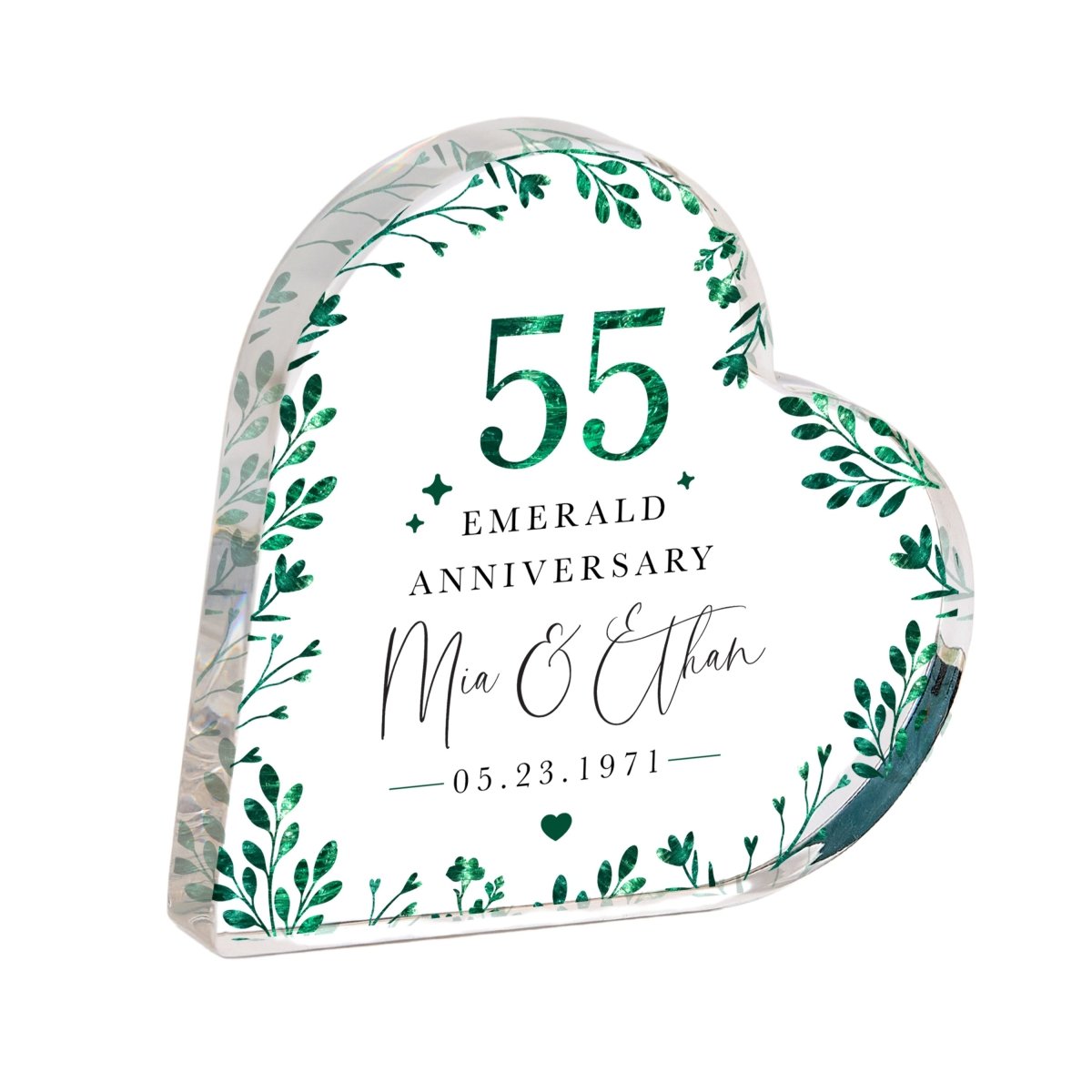 Personalized 55th Emerald Anniversary Keepsake, Custom Heart Acrylic Plaque Gift for Couple with Names and Date