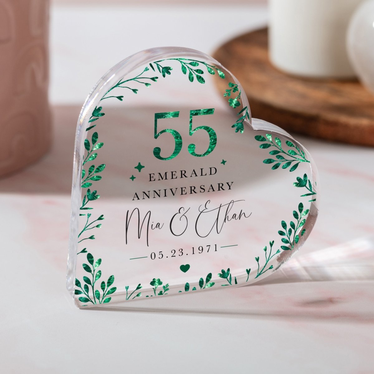 Personalized 55th Emerald Anniversary Keepsake, Custom Heart Acrylic Plaque Gift for Couple with Names and Date