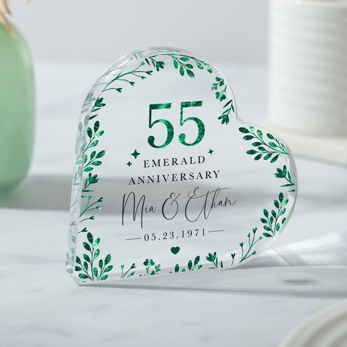Personalized 55th Emerald Anniversary Keepsake, Custom Heart Acrylic Plaque Gift for Couple with Names and Date