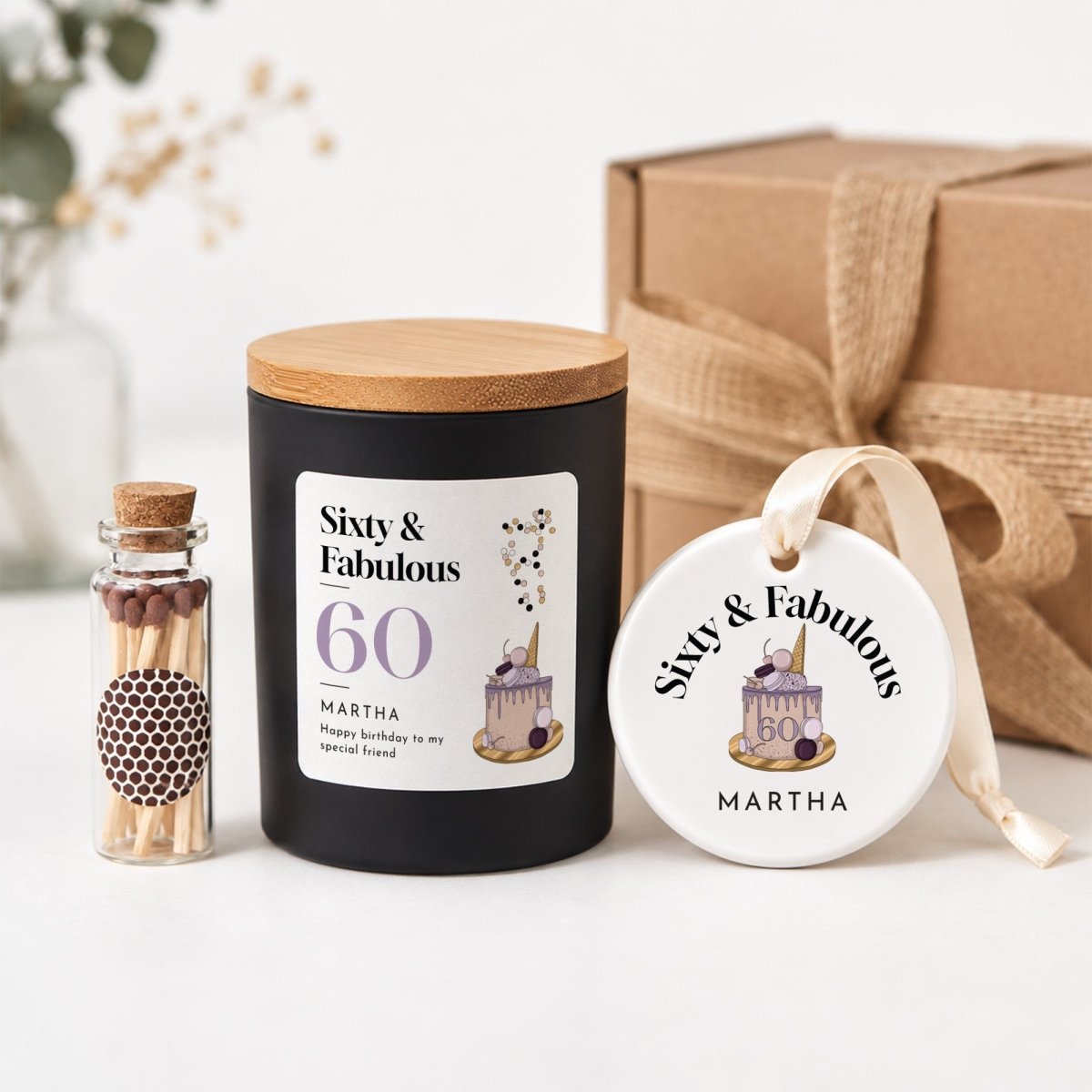 Personalized 60th Birthday Candle, Sixty & Fabulous Gift for Her, Ceramic Keepsake Ornament with Gift Box