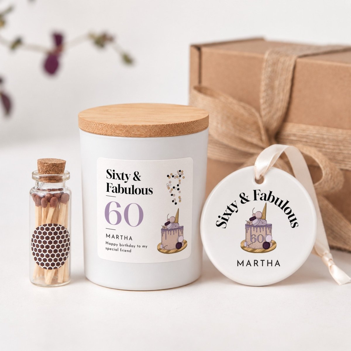 Personalized 60th Birthday Candle, Sixty & Fabulous Gift for Her, Ceramic Keepsake Ornament with Gift Box