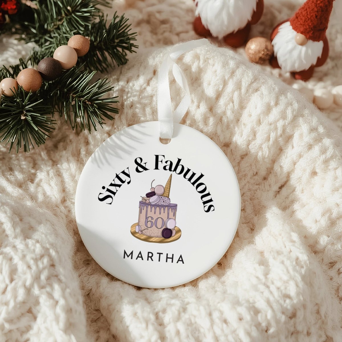 Personalized 60th Birthday Candle, Sixty & Fabulous Gift for Her, Ceramic Keepsake Ornament with Gift Box