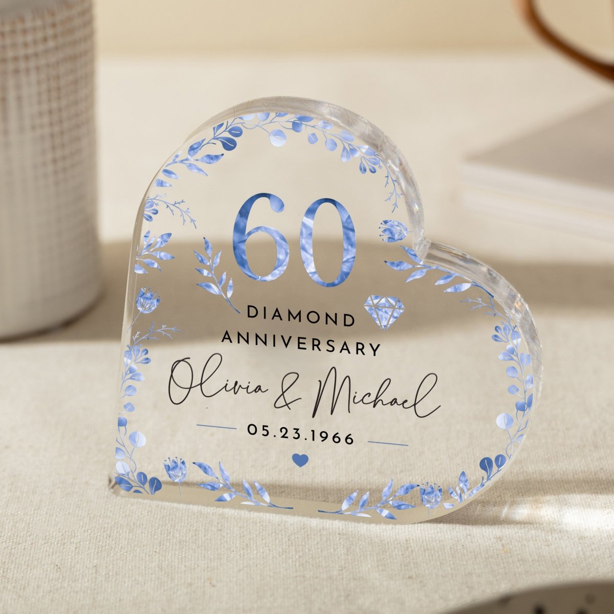 Personalized 60th Diamond Anniversary Keepsake, Custom Heart Acrylic Plaque Gift for Couple with Names and Date