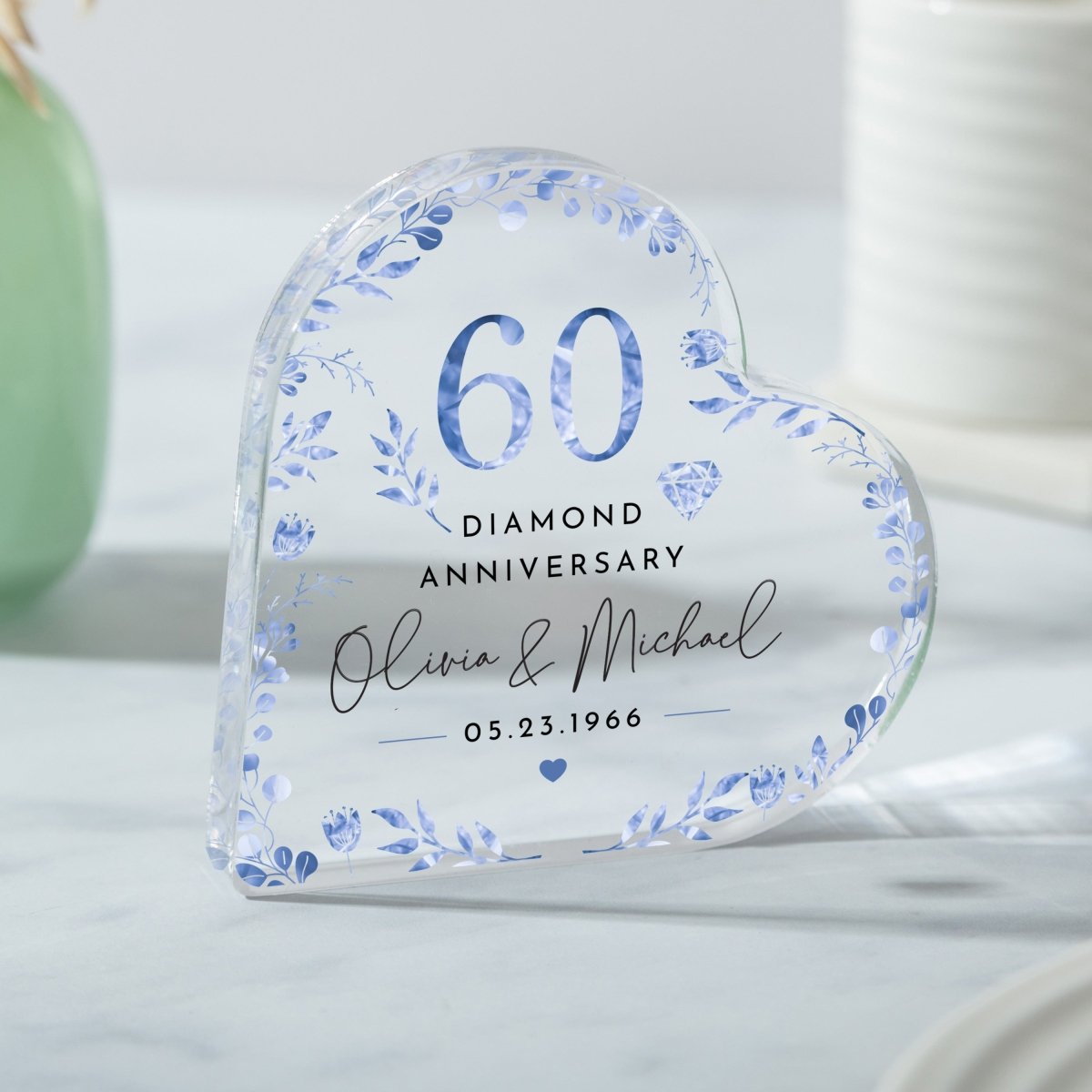 Personalized 60th Diamond Anniversary Keepsake, Custom Heart Acrylic Plaque Gift for Couple with Names and Date