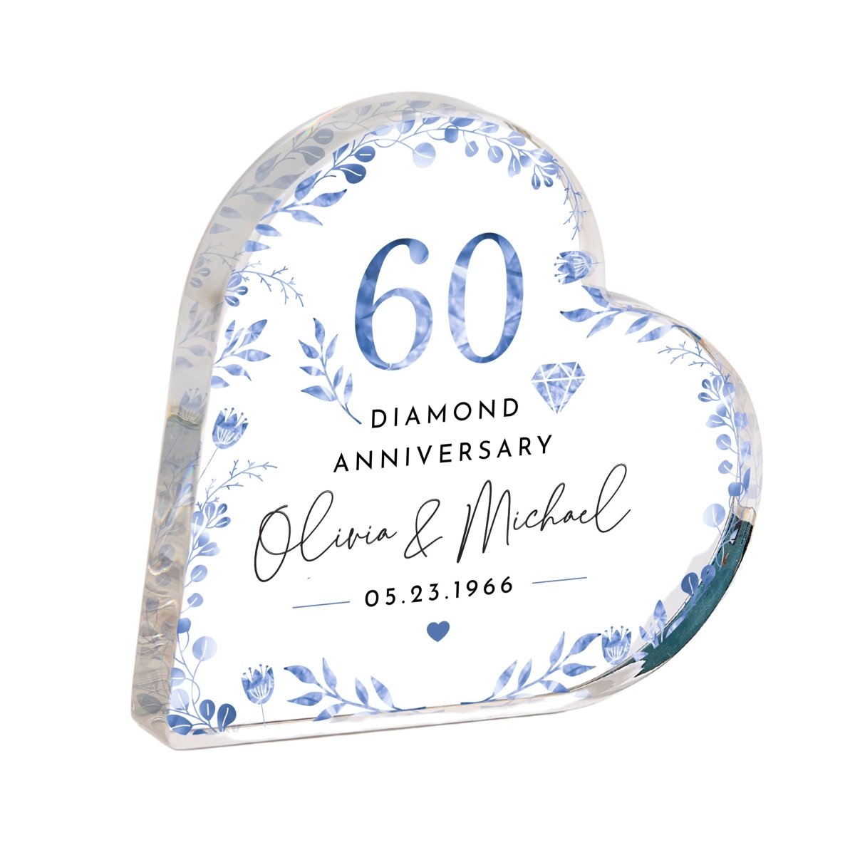 Personalized 60th Diamond Anniversary Keepsake, Custom Heart Acrylic Plaque Gift for Couple with Names and Date