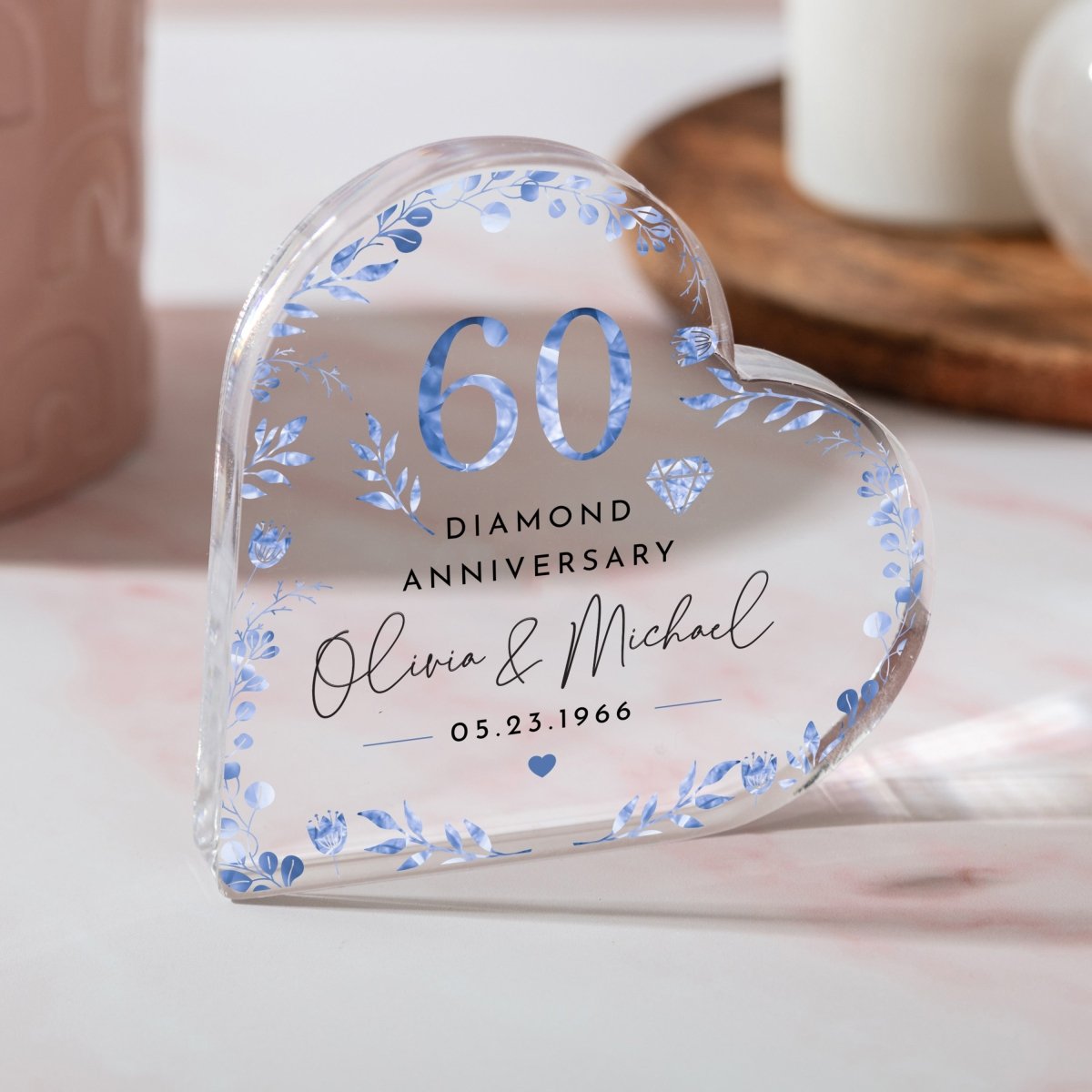 Personalized 60th Diamond Anniversary Keepsake, Custom Heart Acrylic Plaque Gift for Couple with Names and Date
