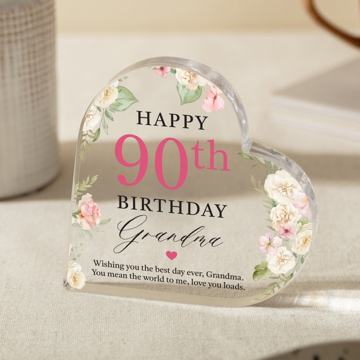 Personalized 90th Birthday Keepsake for Grandma, Custom Heart Acrylic Plaque Gift with Message