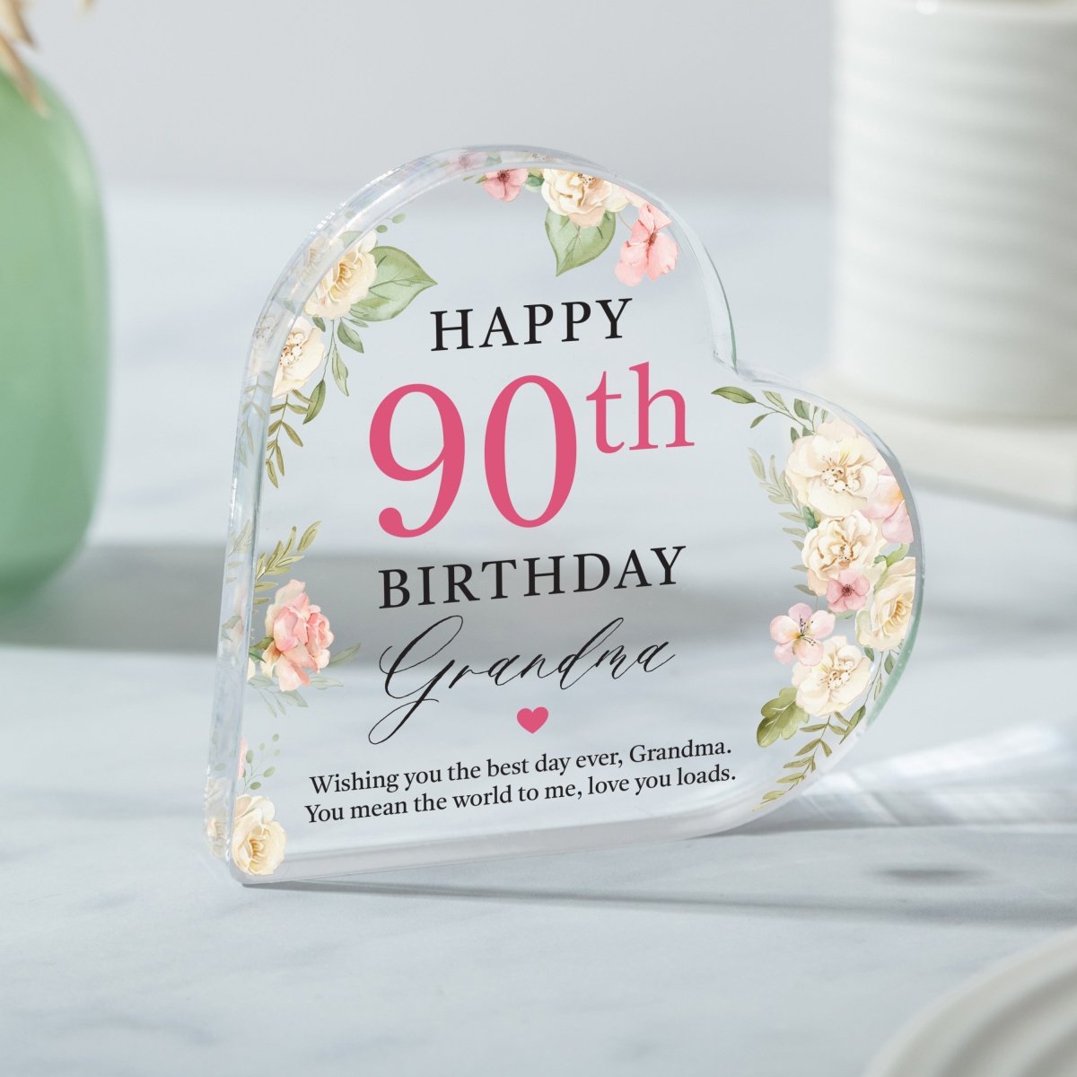 Personalized 90th Birthday Keepsake for Grandma, Custom Heart Acrylic Plaque Gift with Message