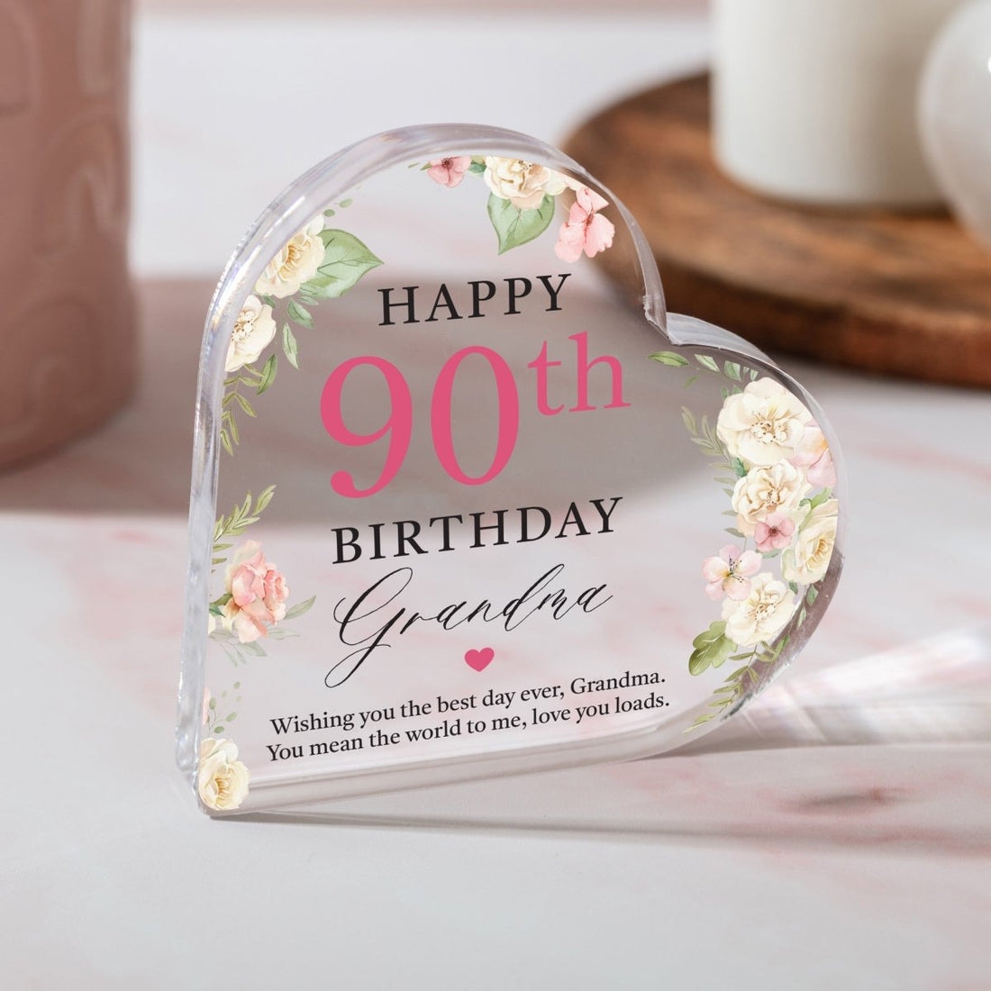Personalized 90th Birthday Keepsake for Grandma, Custom Heart Acrylic Plaque Gift with Message