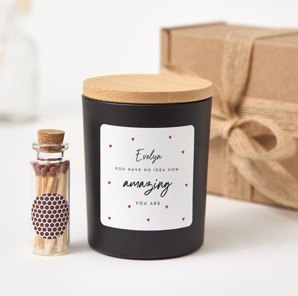 Personalized Amazing You Are Candle for Her, Encouragement Gift, Heart Label, Ready Gift Box with Matches