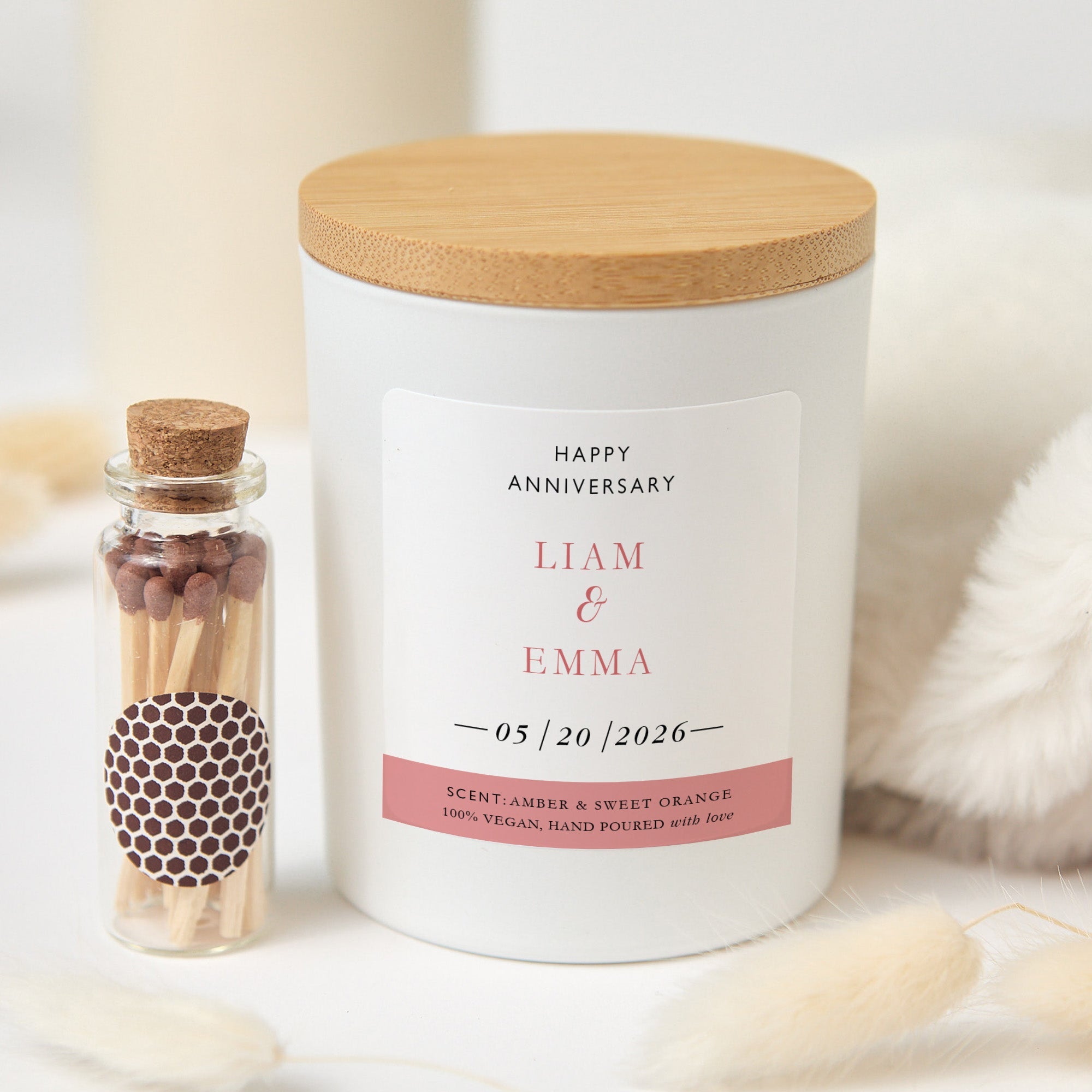 Personalized Anniversary Candle Gift | Custom Soy Wax Candle with Matches | Romantic Gift for Couple Him Her