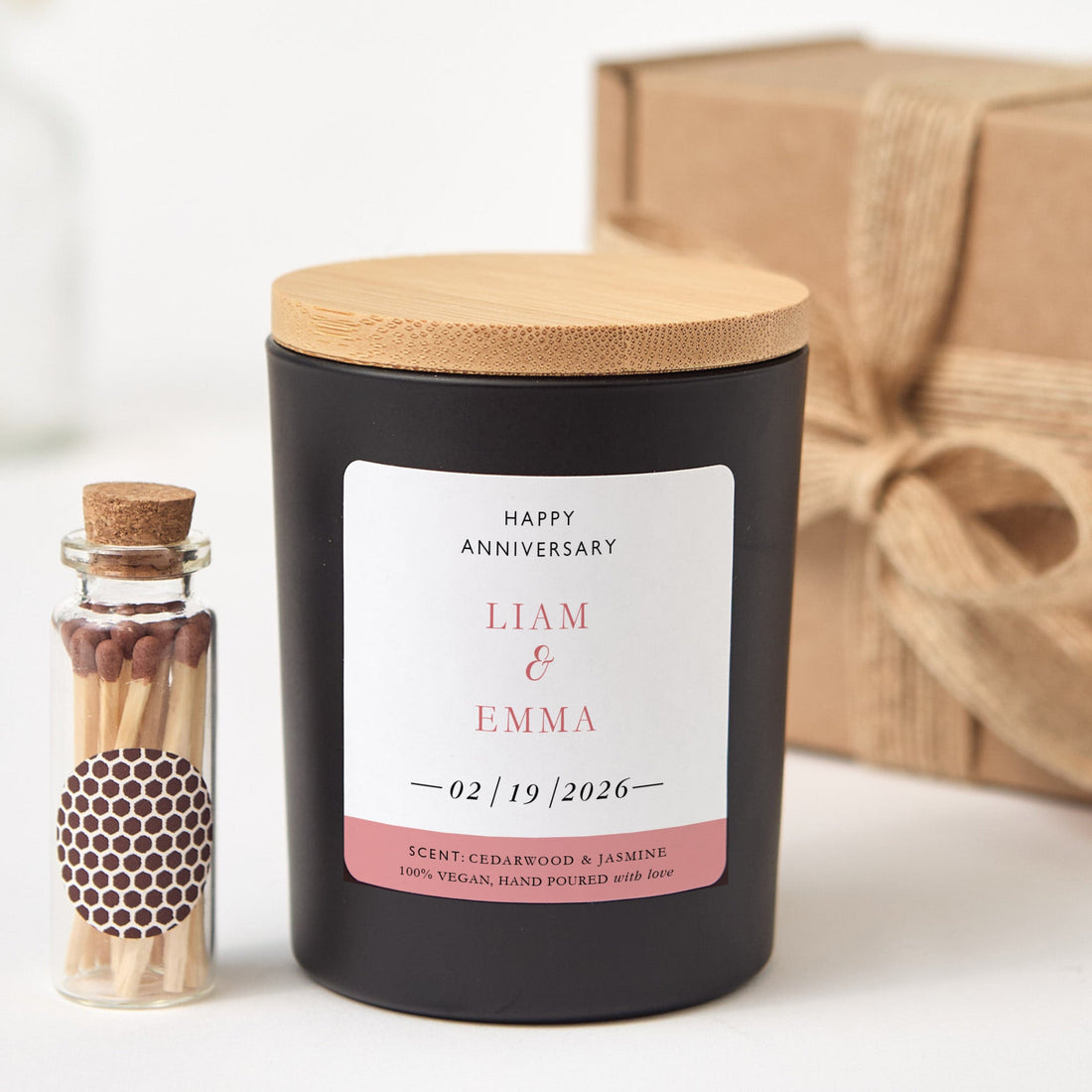 Personalized Anniversary Candle Gift | Custom Soy Wax Candle with Matches | Romantic Gift for Couple Him Her