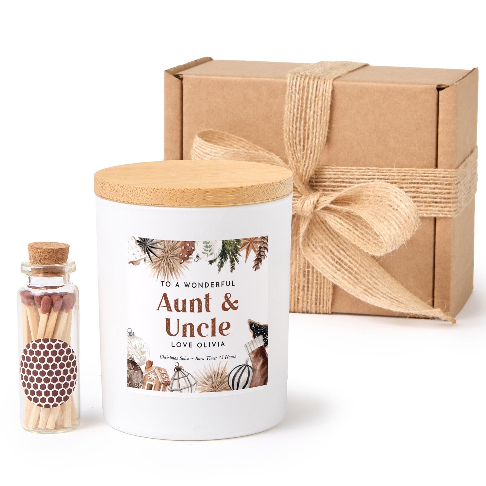 Personalized Auntie and Uncle Candle Gift Box | Christmas Candle with Matches | Holiday Gift for Aunt and Uncle