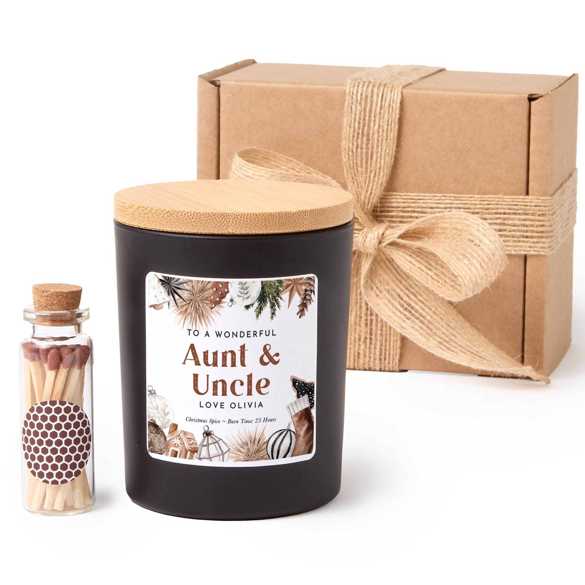 Personalized Auntie and Uncle Candle Gift Box | Christmas Candle with Matches | Holiday Gift for Aunt and Uncle