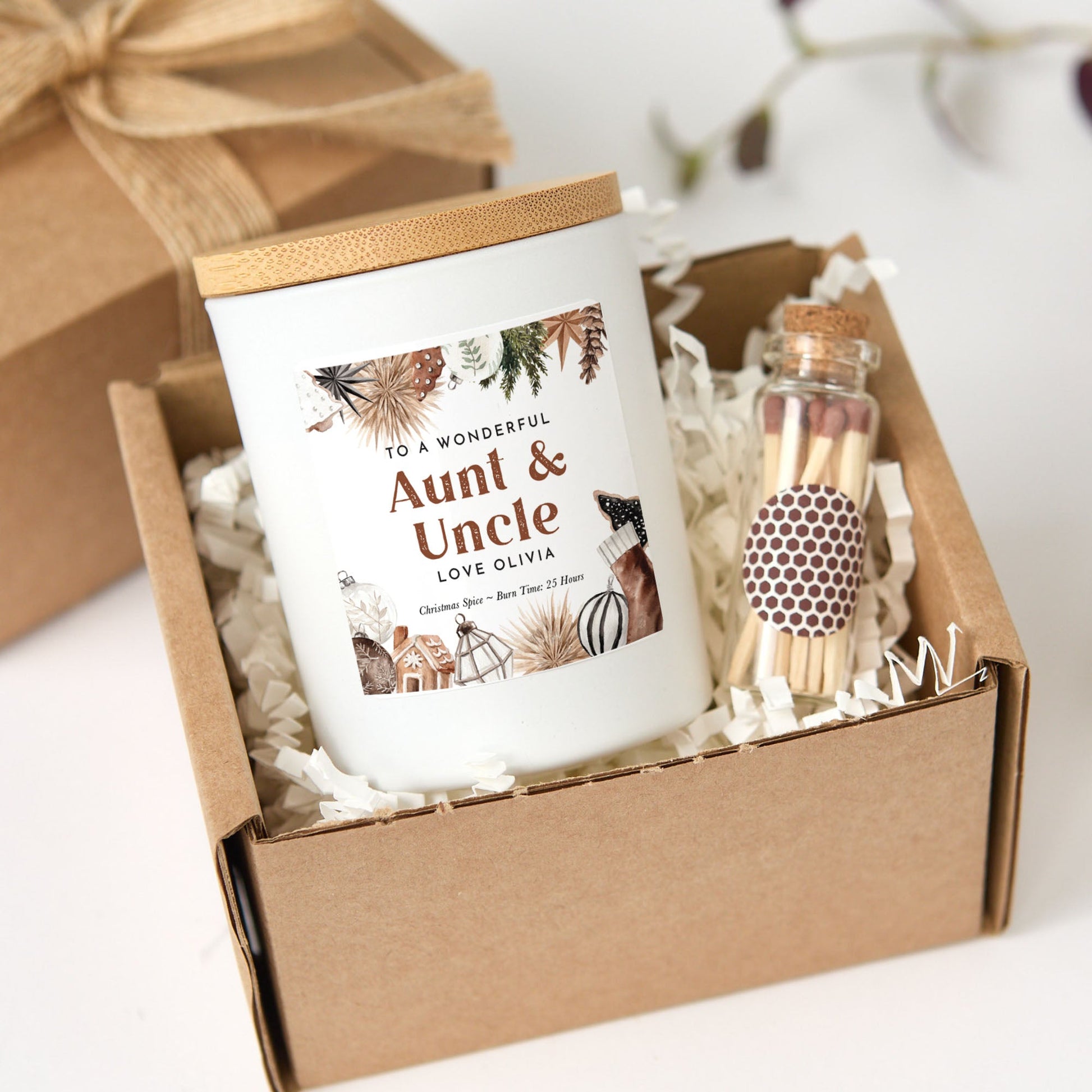 Personalized Auntie and Uncle Candle Gift Box | Christmas Candle with Matches | Holiday Gift for Aunt and Uncle