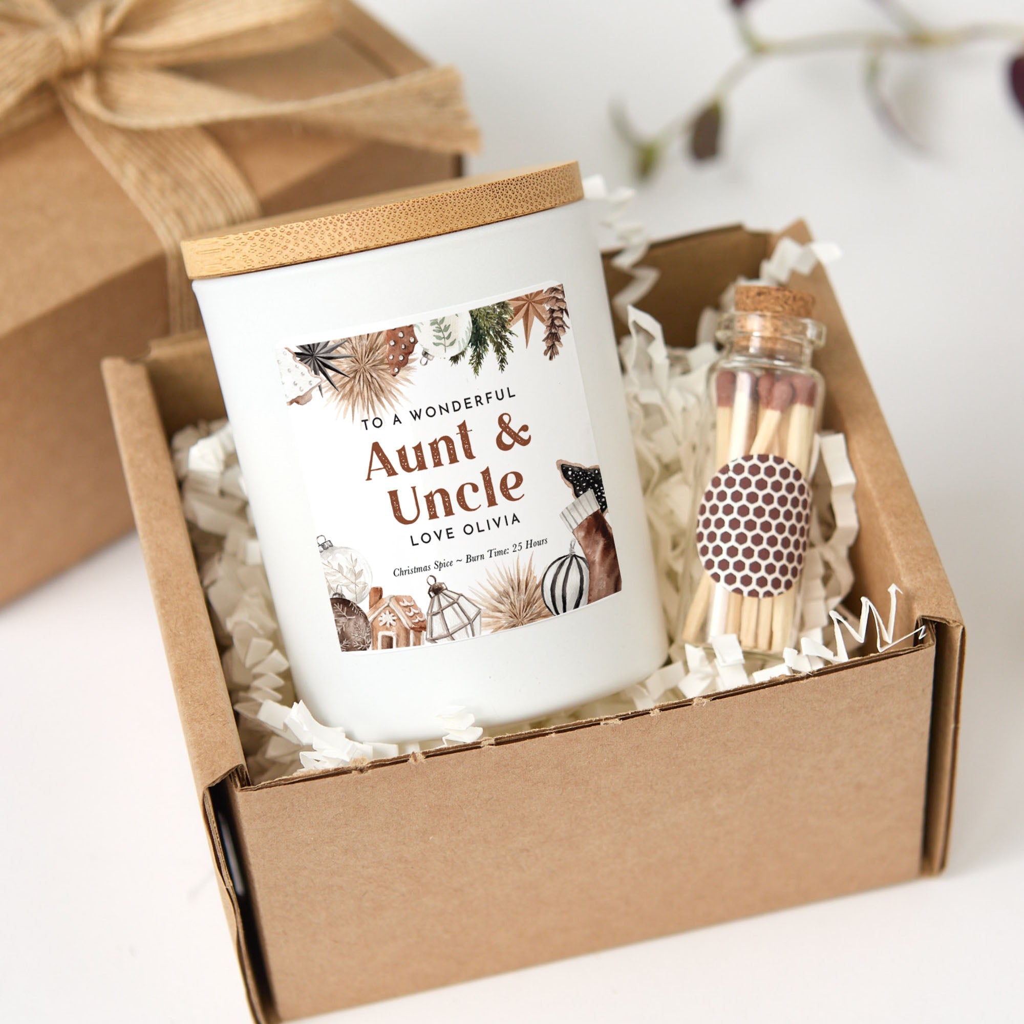 Personalized Auntie and Uncle Candle Gift Box | Christmas Candle with Matches | Holiday Gift for Aunt and Uncle