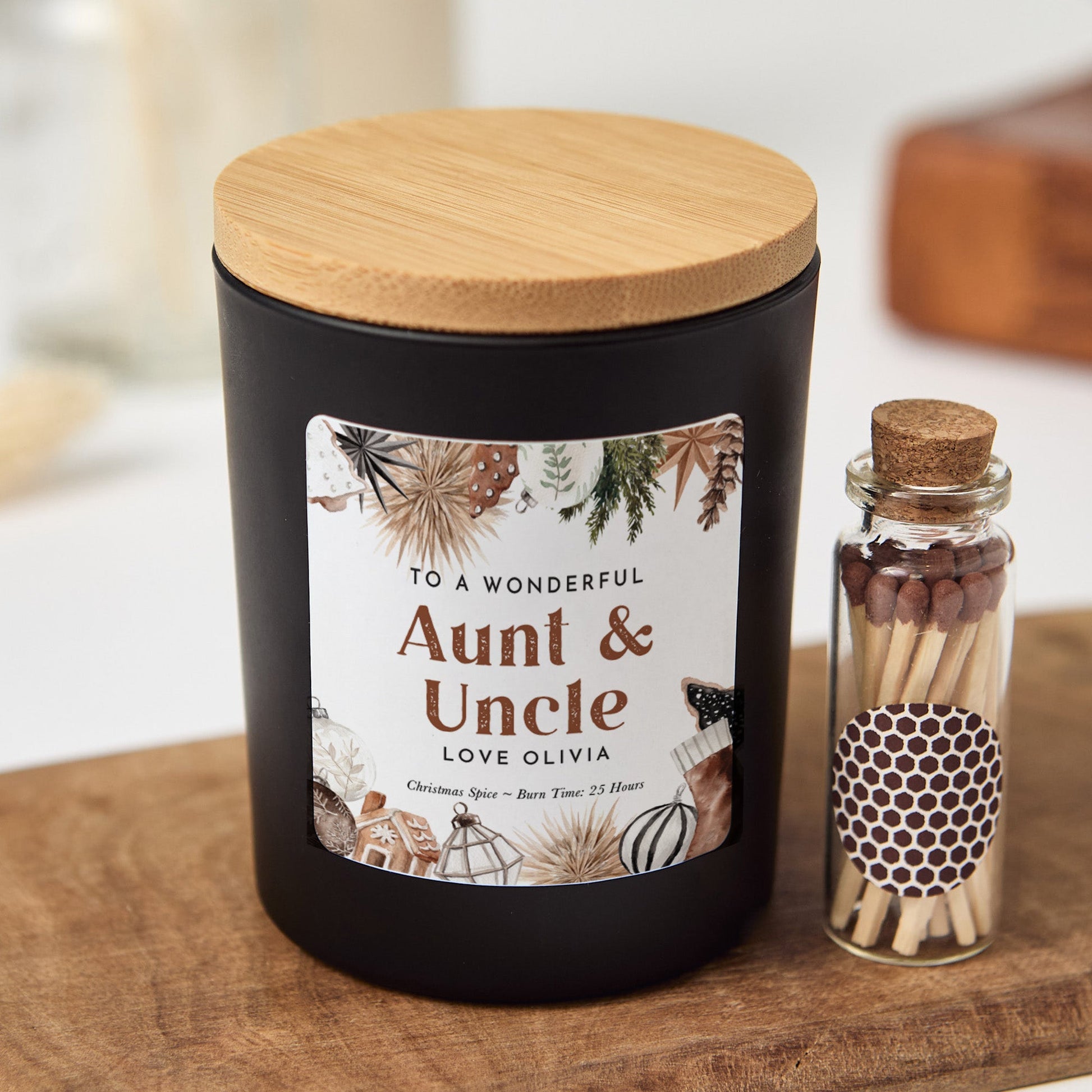 Personalized Auntie and Uncle Candle Gift Box | Christmas Candle with Matches | Holiday Gift for Aunt and Uncle