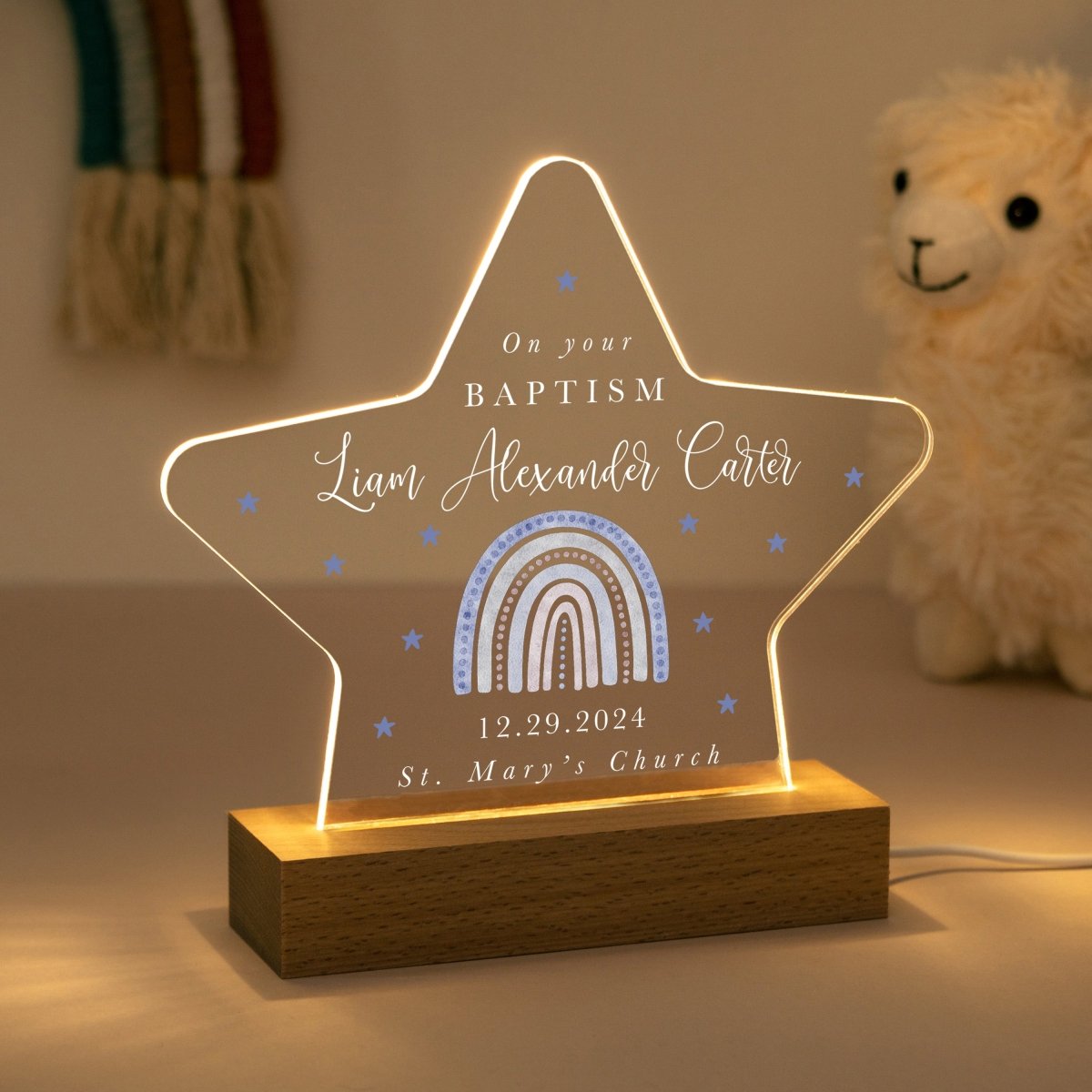 Personalized Baptism LED Night Light, Custom Name Christening Gift for Baby Boy, Star Design, Religious Keepsake
