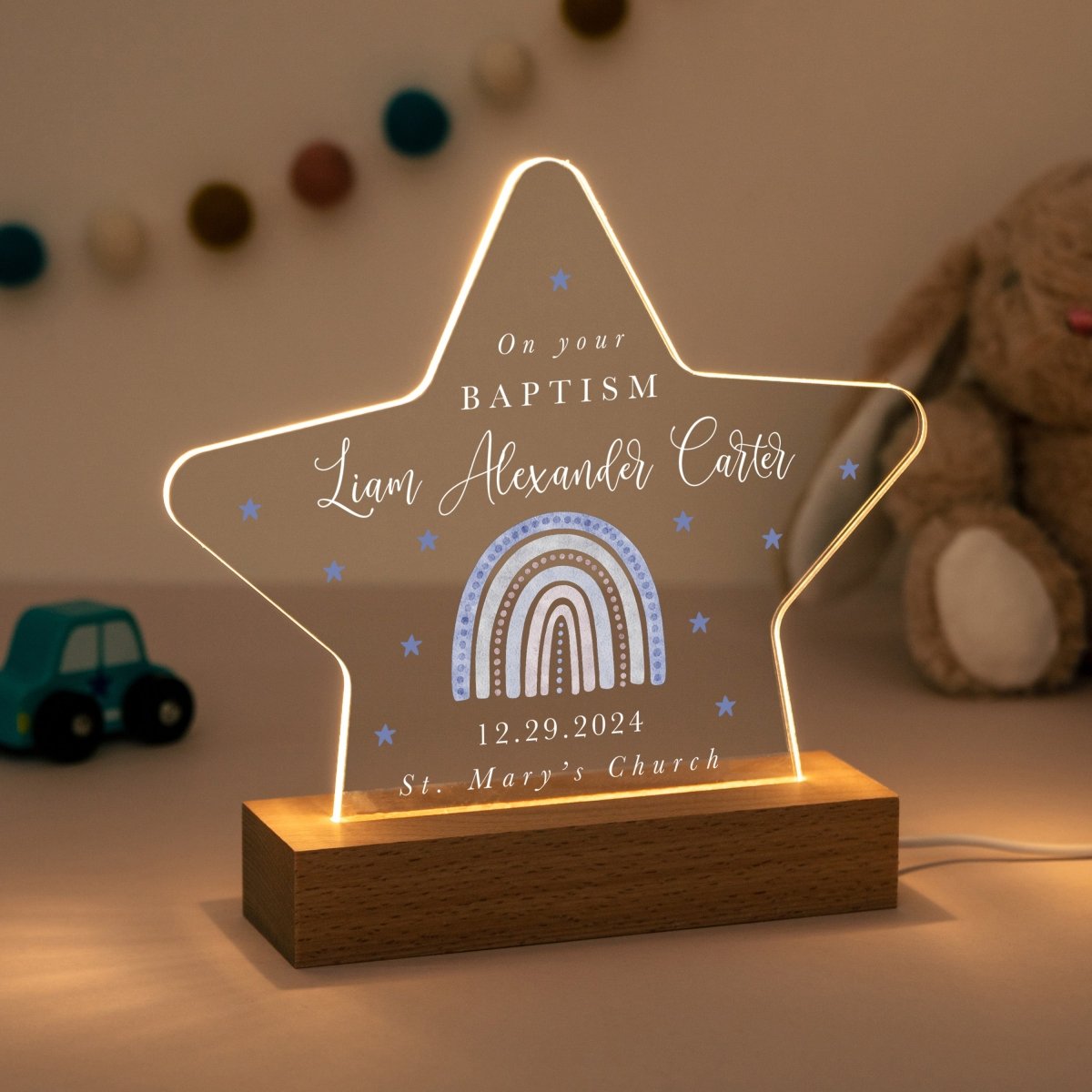 Personalized Baptism LED Night Light, Custom Name Christening Gift for Baby Boy, Star Design, Religious Keepsake