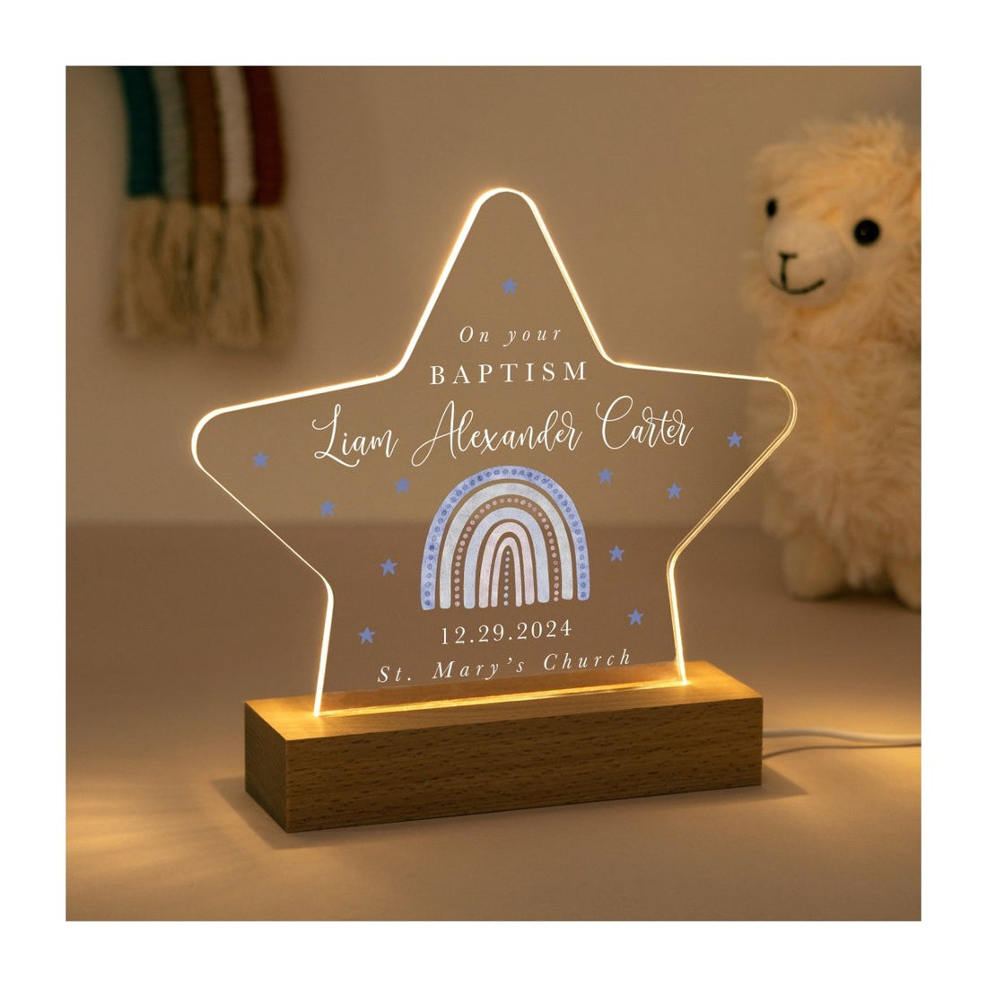 Personalized Baptism LED Night Light, Custom Name Christening Gift for Baby Boy, Star Design, Religious Keepsake
