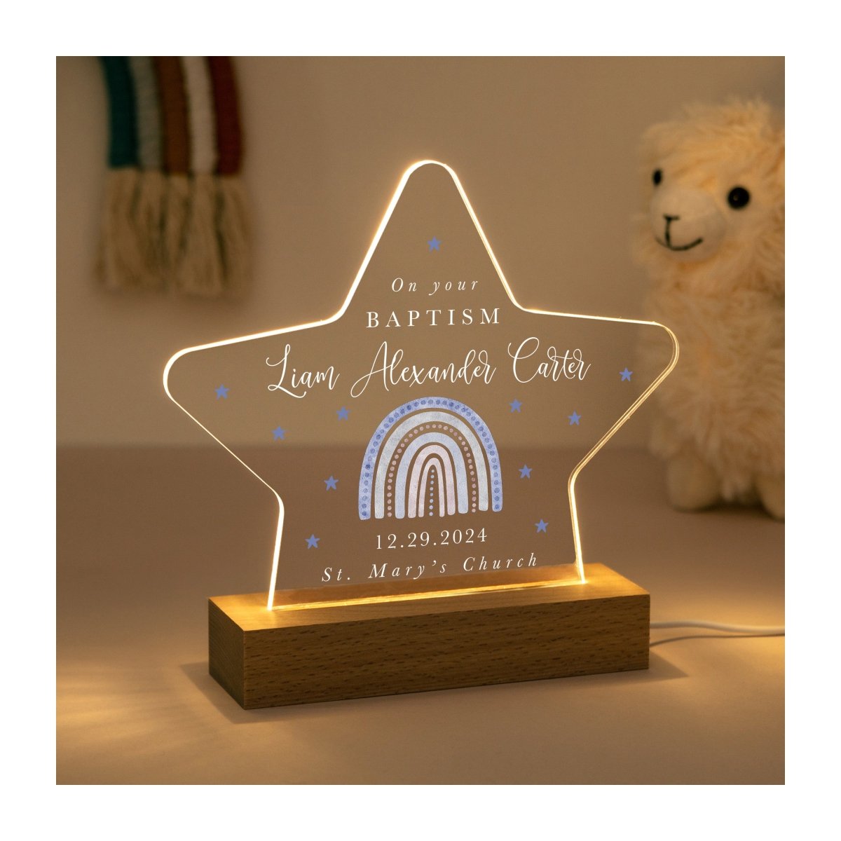Personalized Baptism LED Night Light, Custom Name Christening Gift for Baby Boy, Star Design, Religious Keepsake