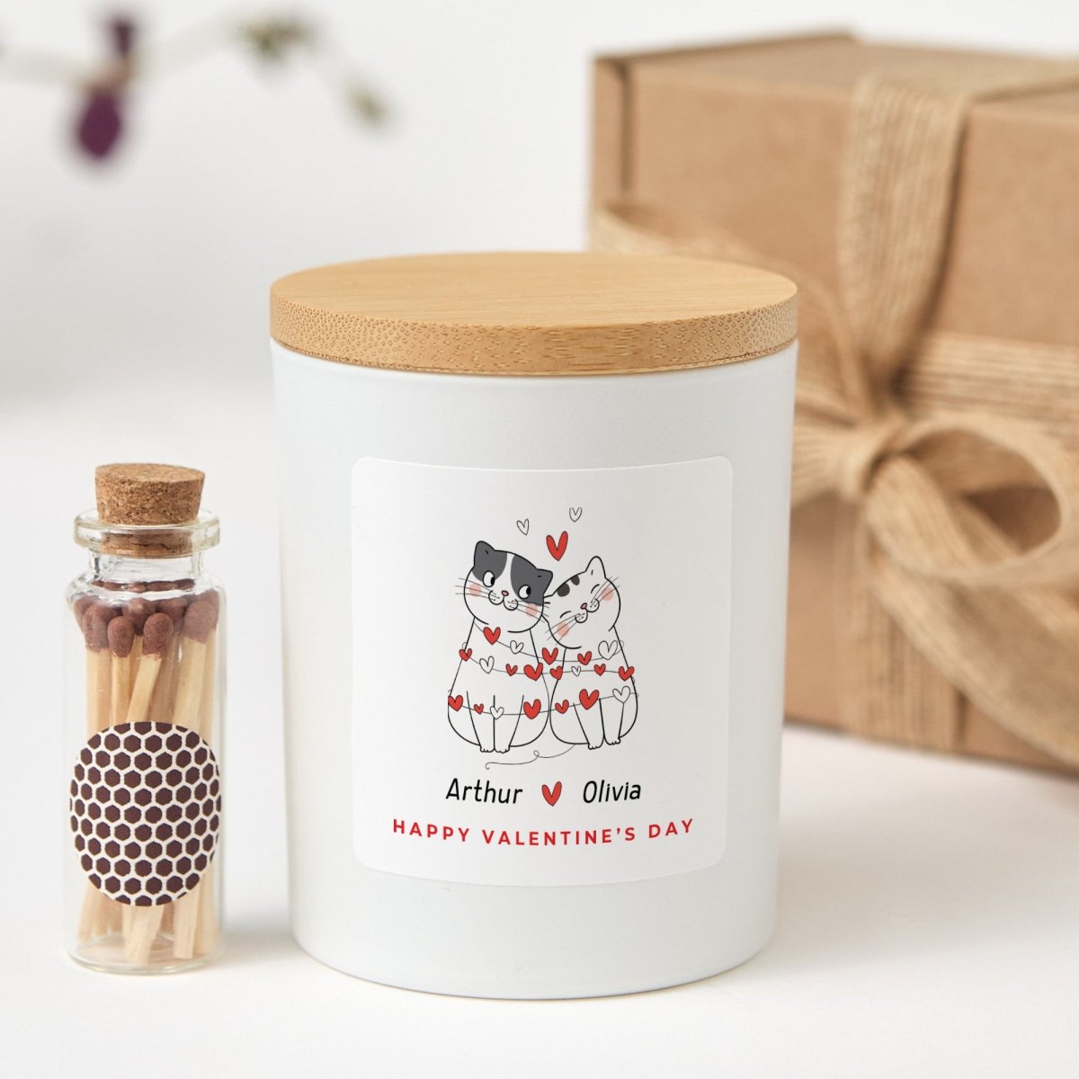 Personalized Cat Lovers Valentine’s Day Gift, Cute Scented Candle for Couple with Gift Box and Matches