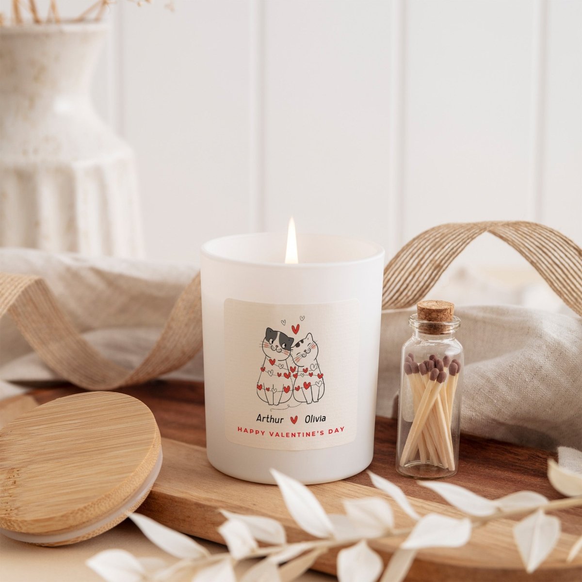 Personalized Cat Lovers Valentine’s Day Gift, Cute Scented Candle for Couple with Gift Box and Matches